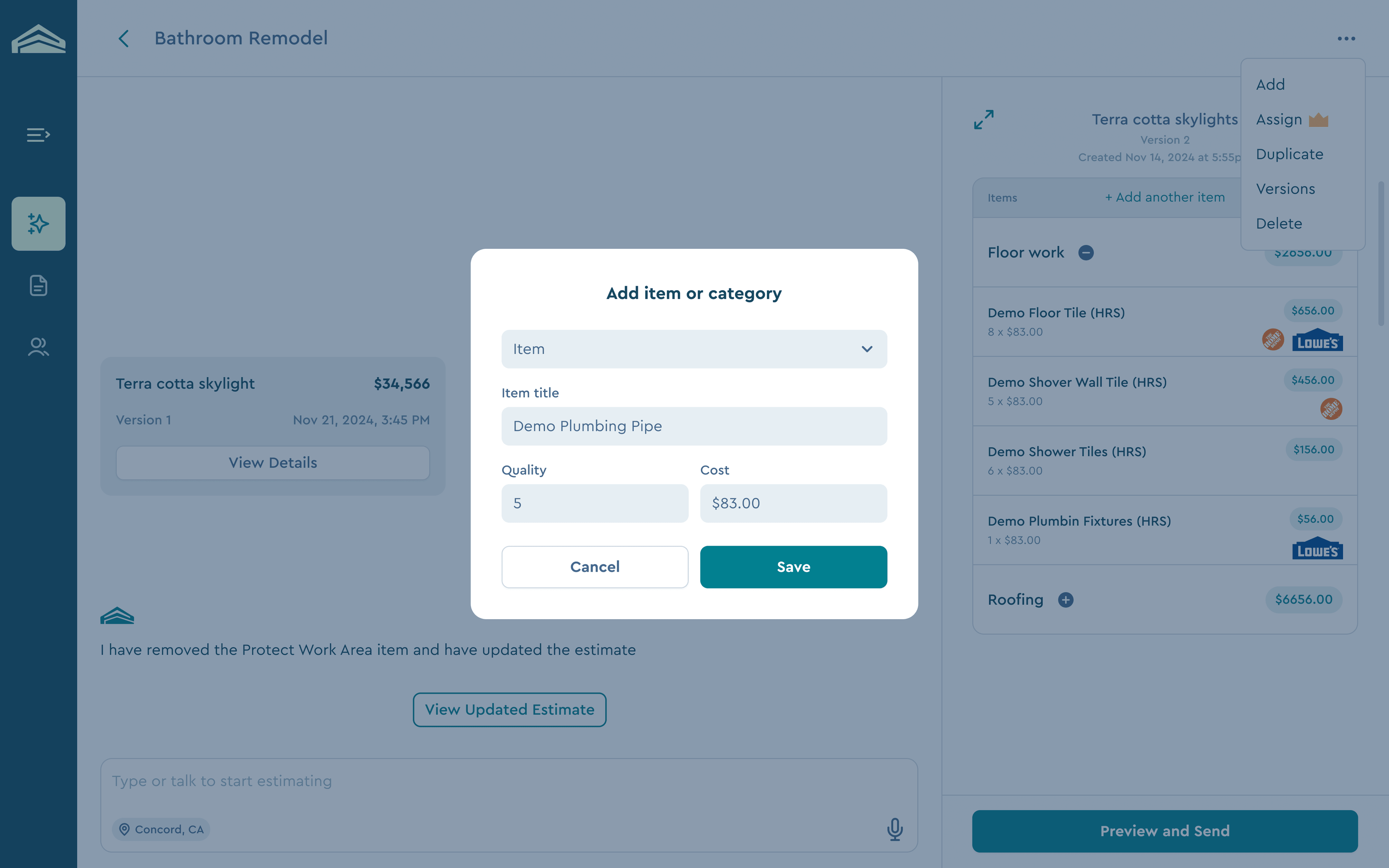 Adding a line item or category to an estimate