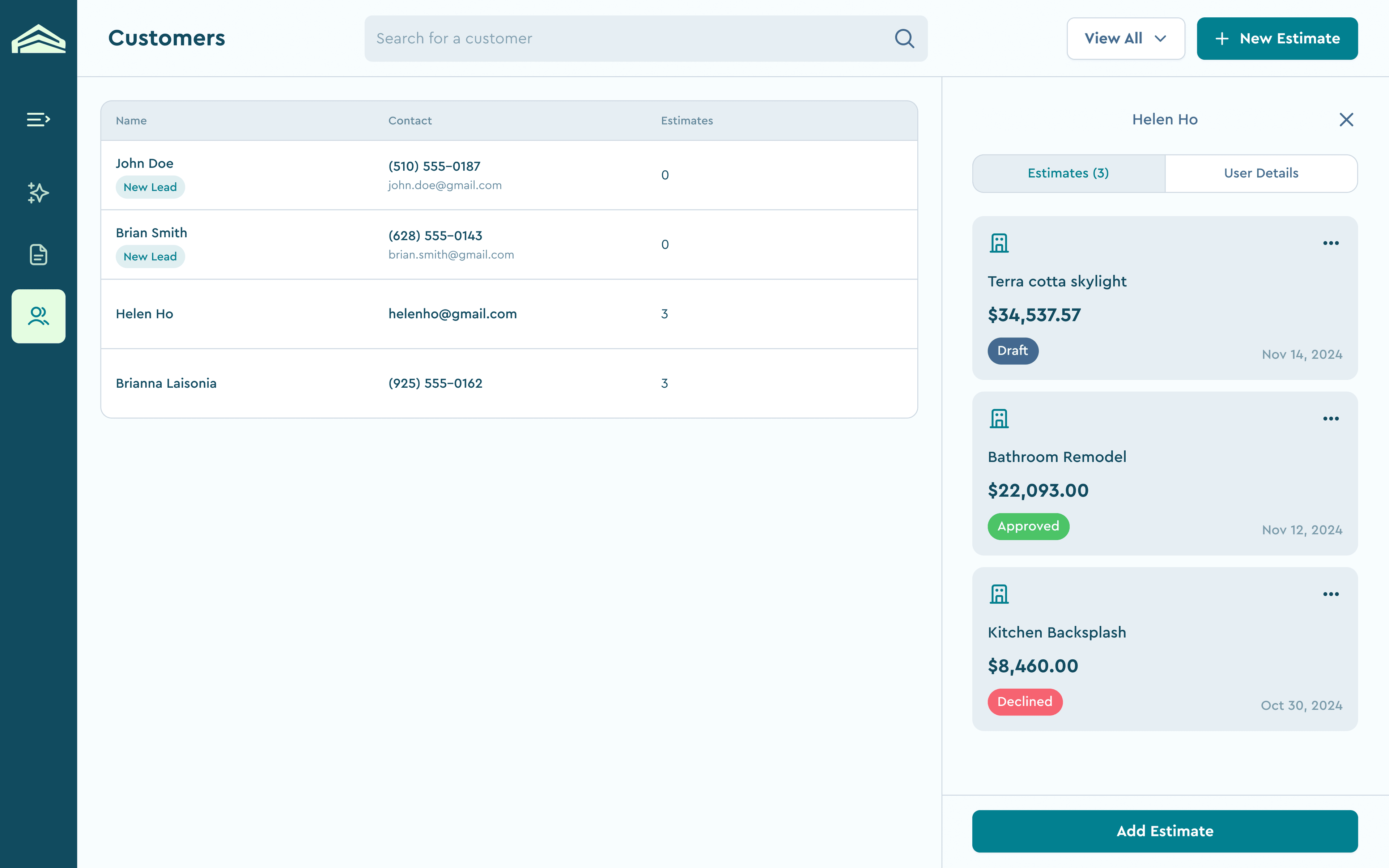 Customer list with a customer's estimates and their status