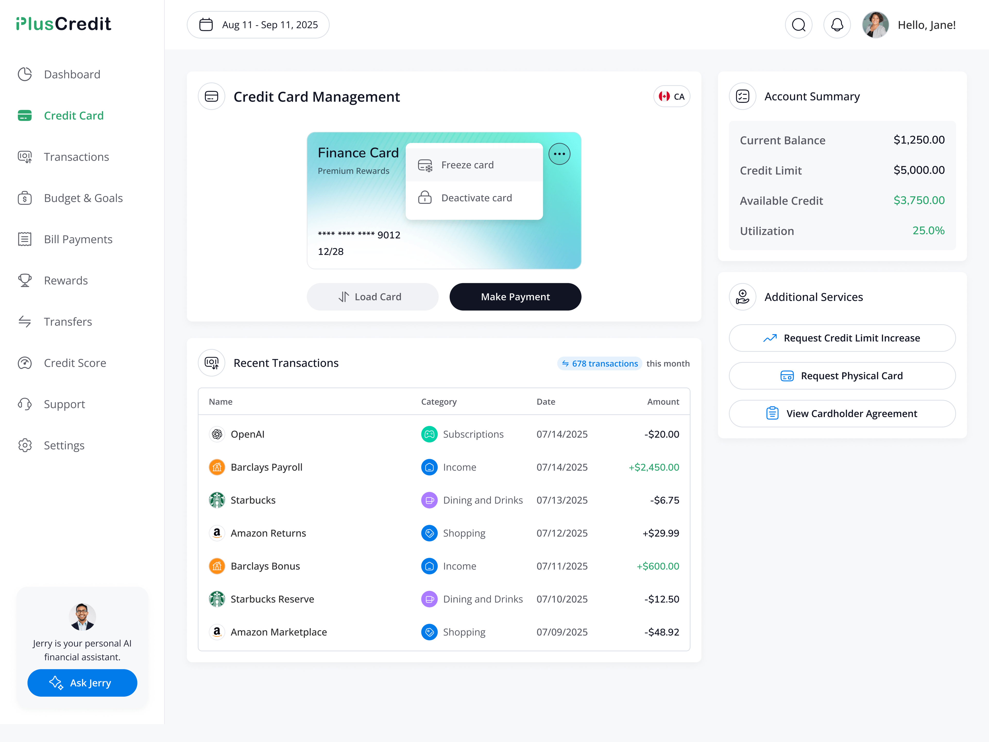 Credit card management with recent transactions and the account summary
