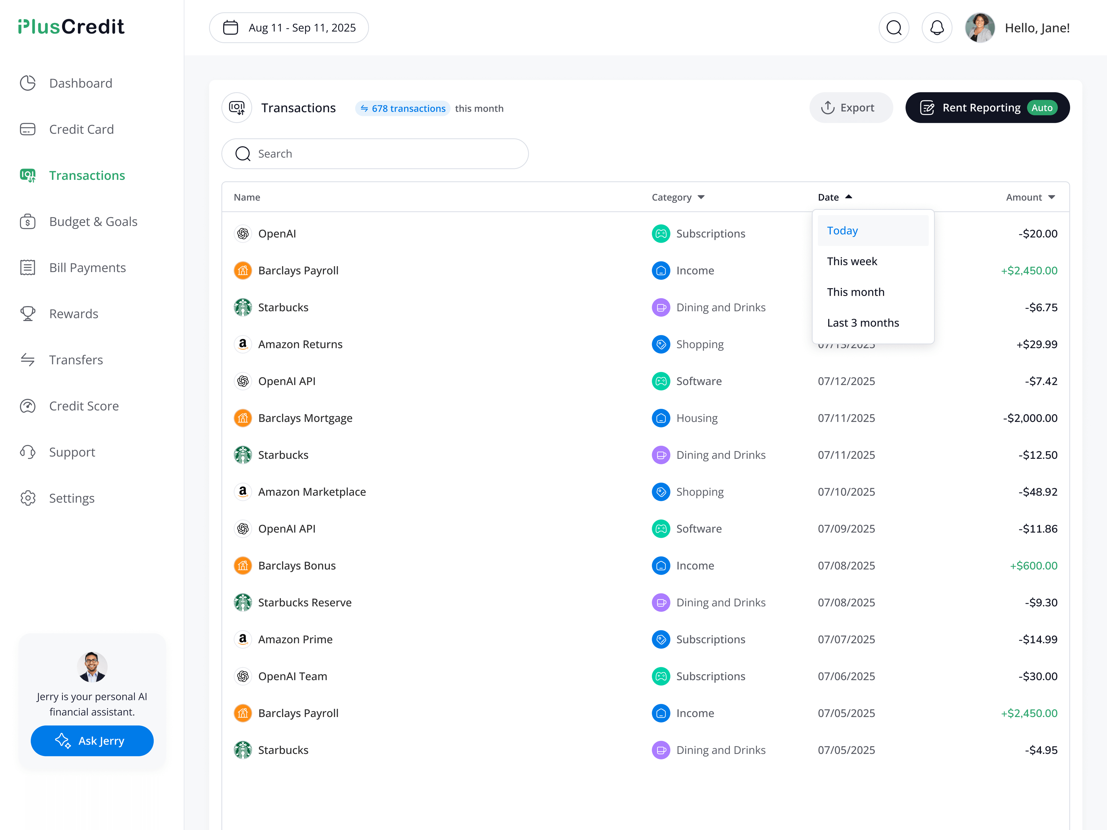 Transactions with filters and rent reporting
