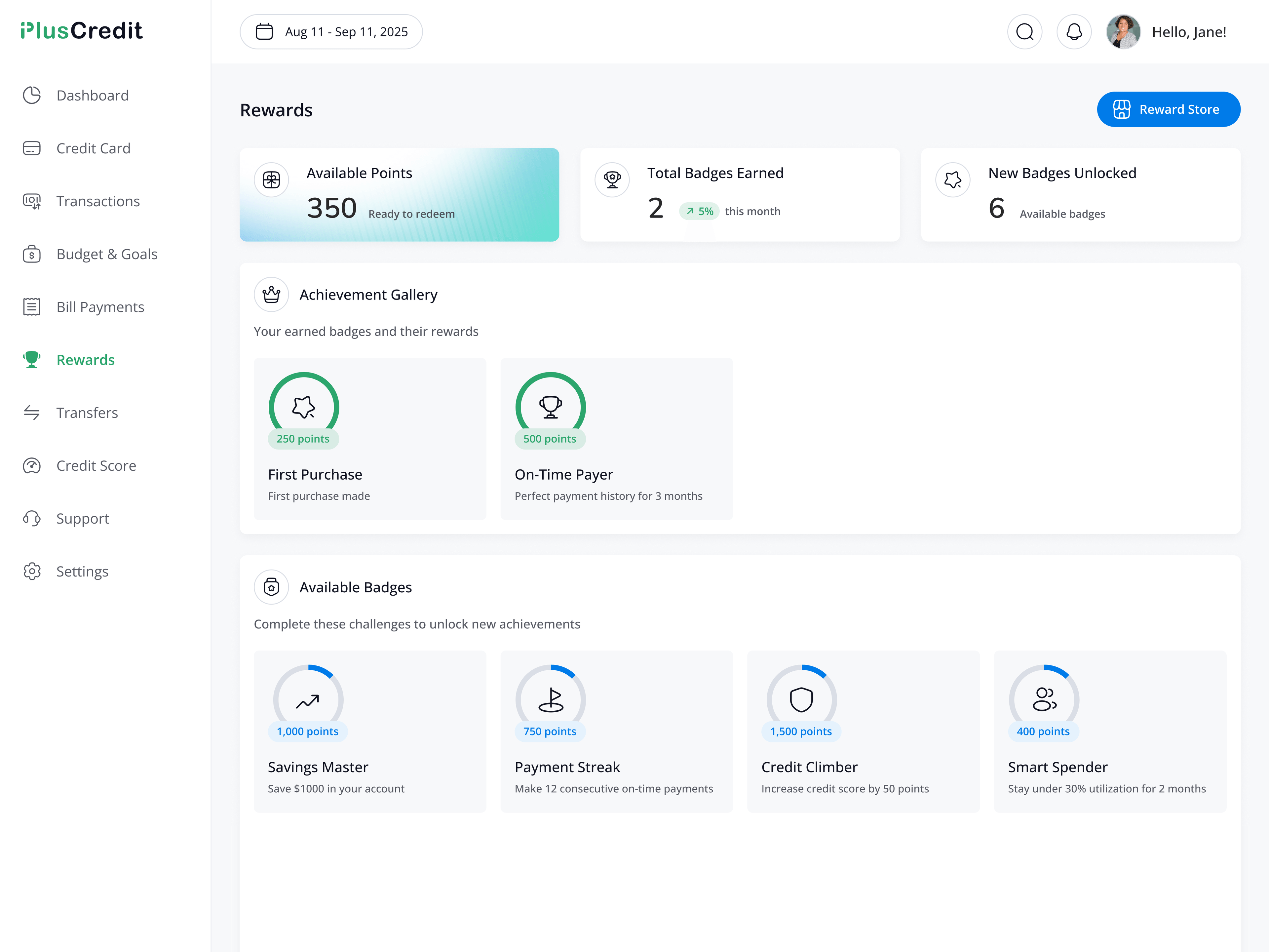 Rewards — points, earned badges and available challenges