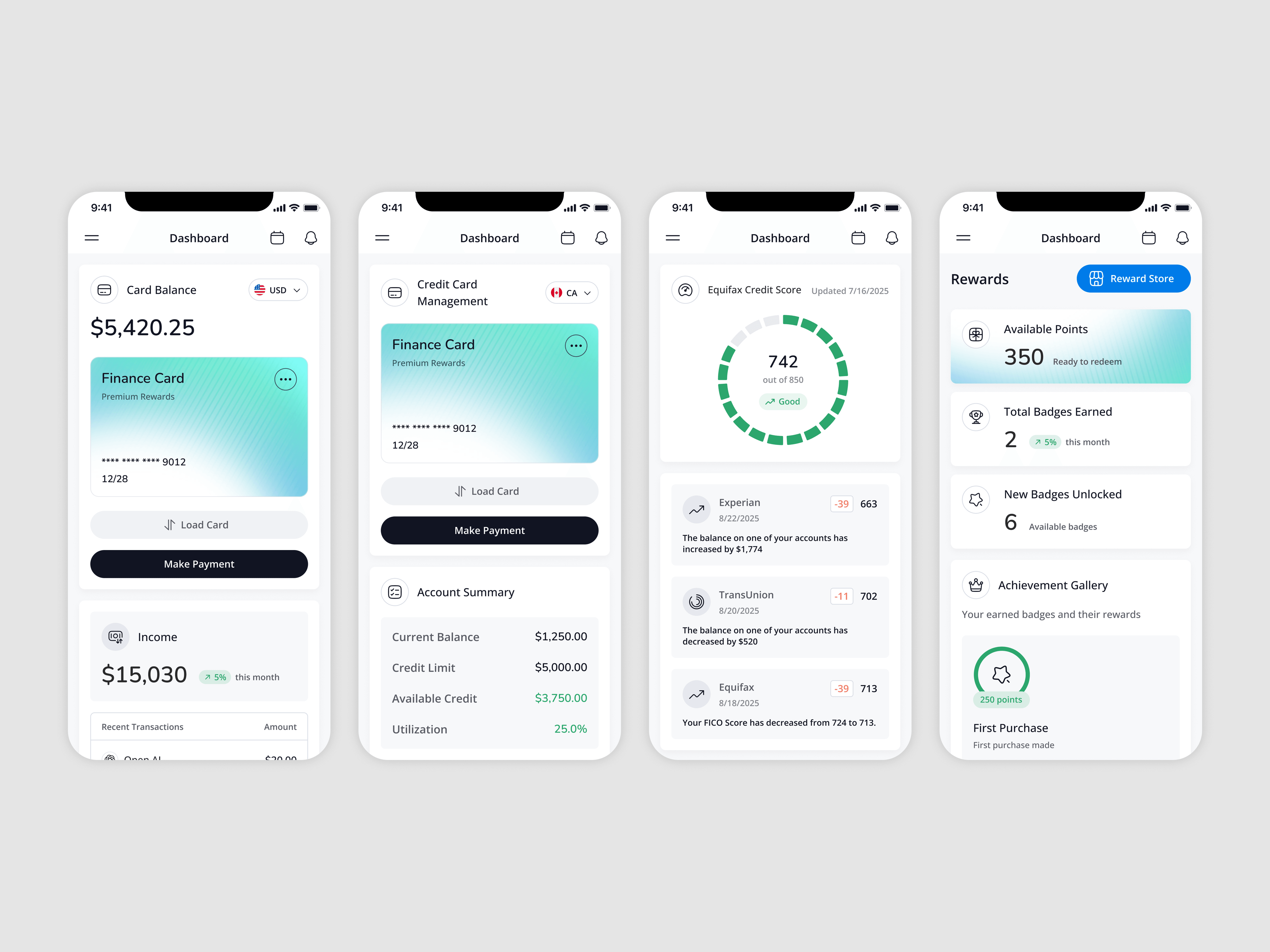 Mobile — the dashboard, credit card, credit score and rewards