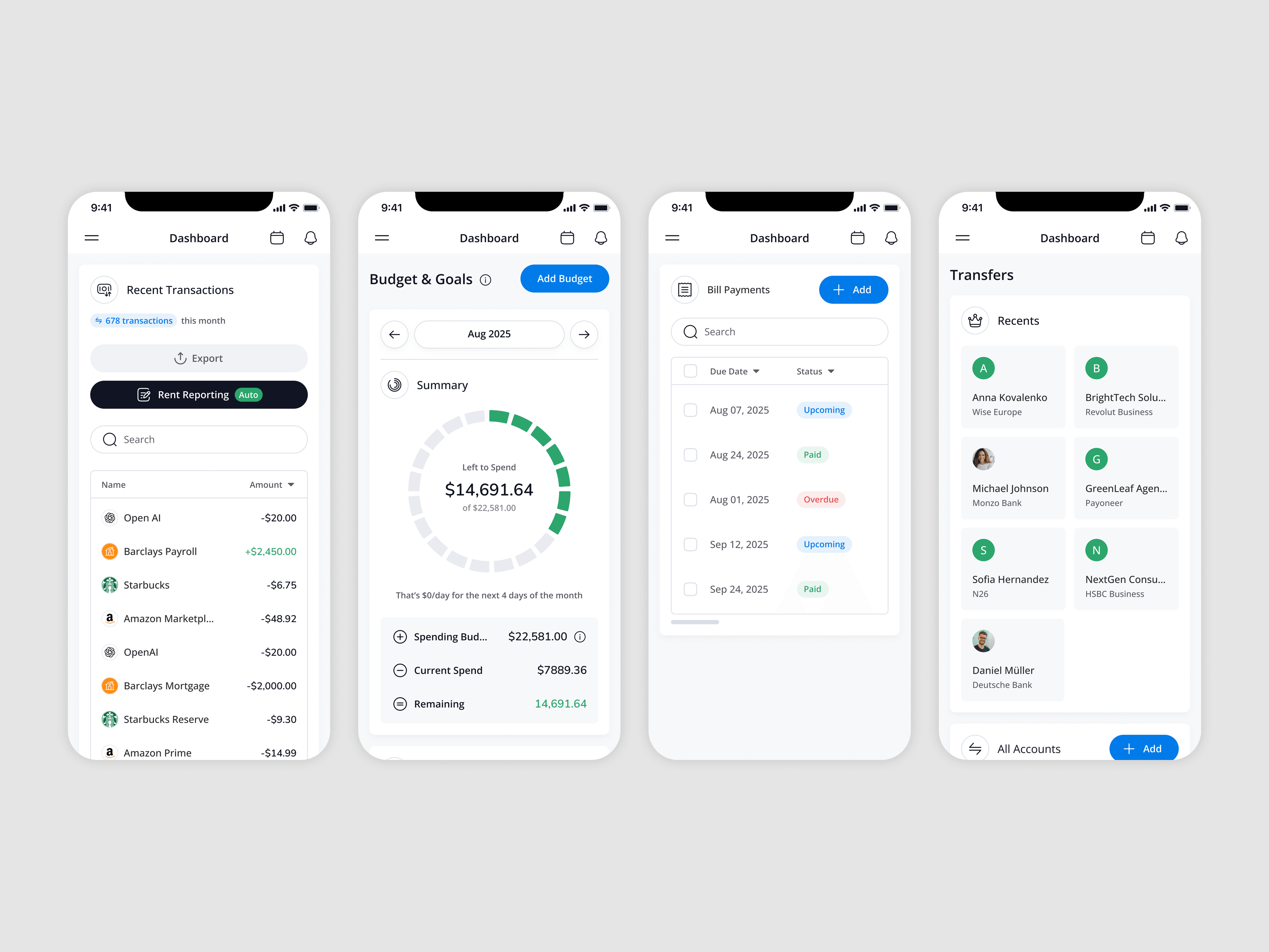Mobile — transactions, budget and goals, bill payments and transfers