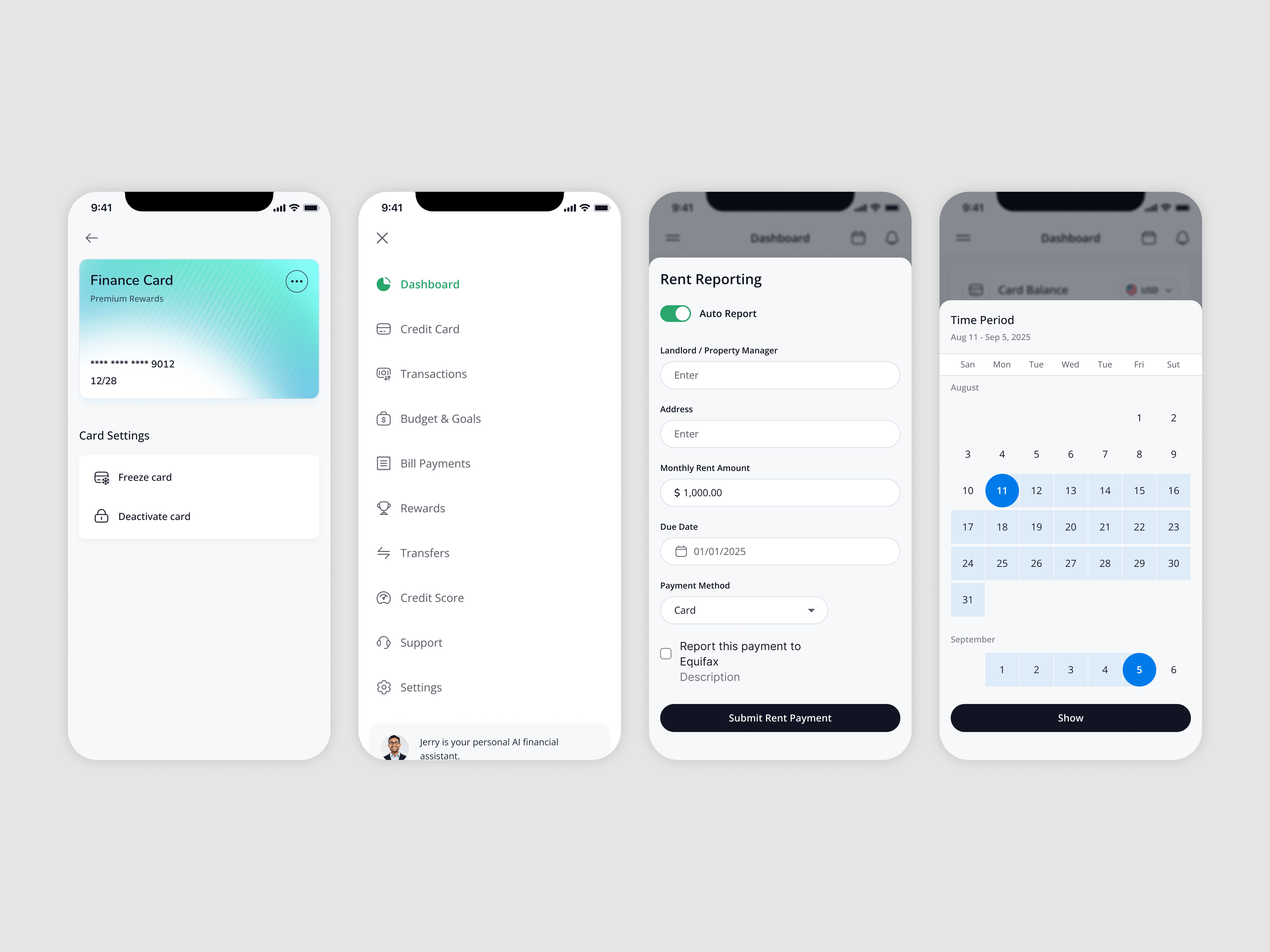 Mobile — card settings, the menu, rent reporting and choosing a time period