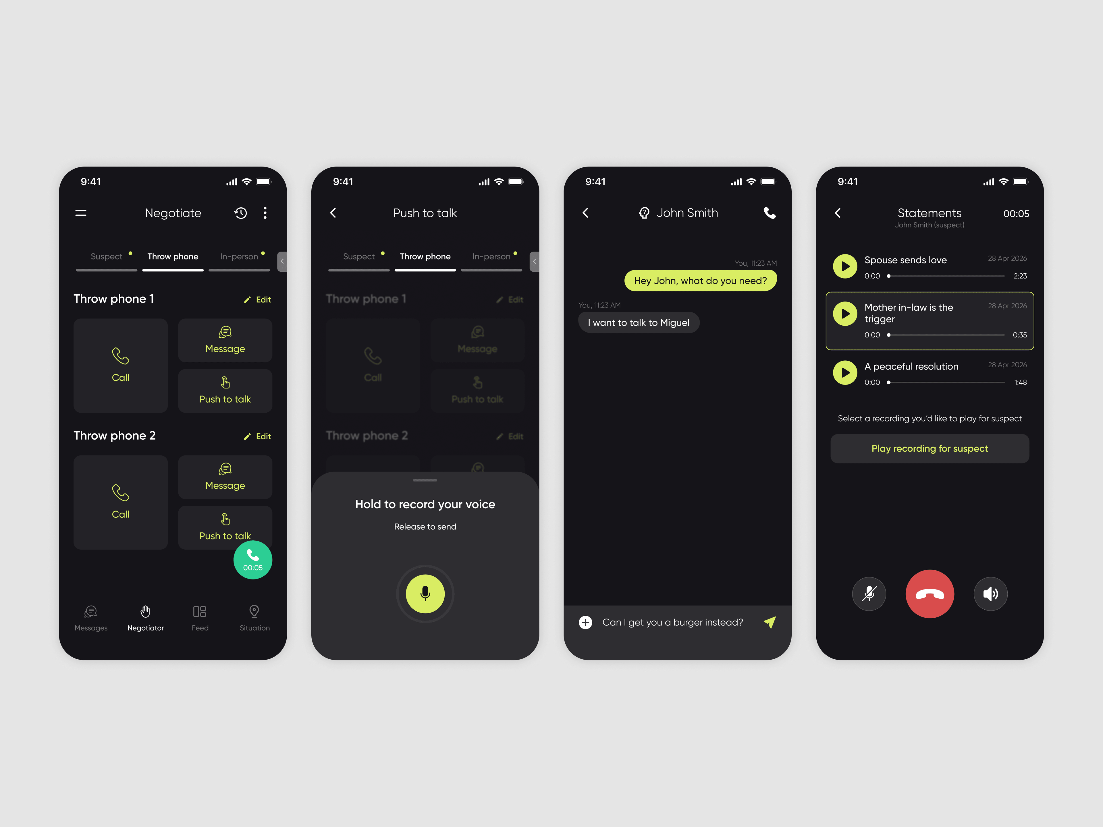 Throw phone — push to talk, text with the suspect and play back recorded statements