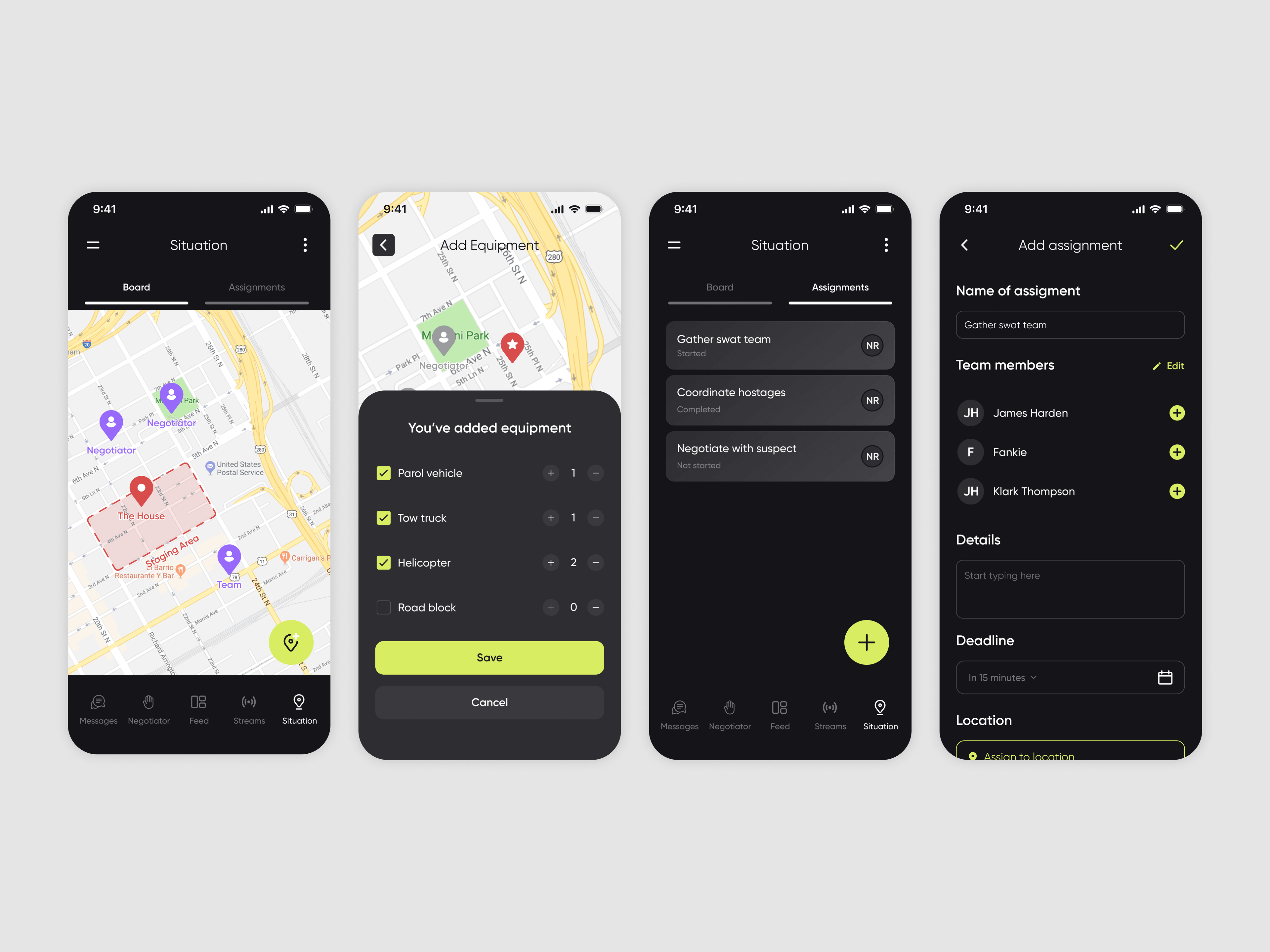 Situation board — map, equipment, team assignments and a new assignment