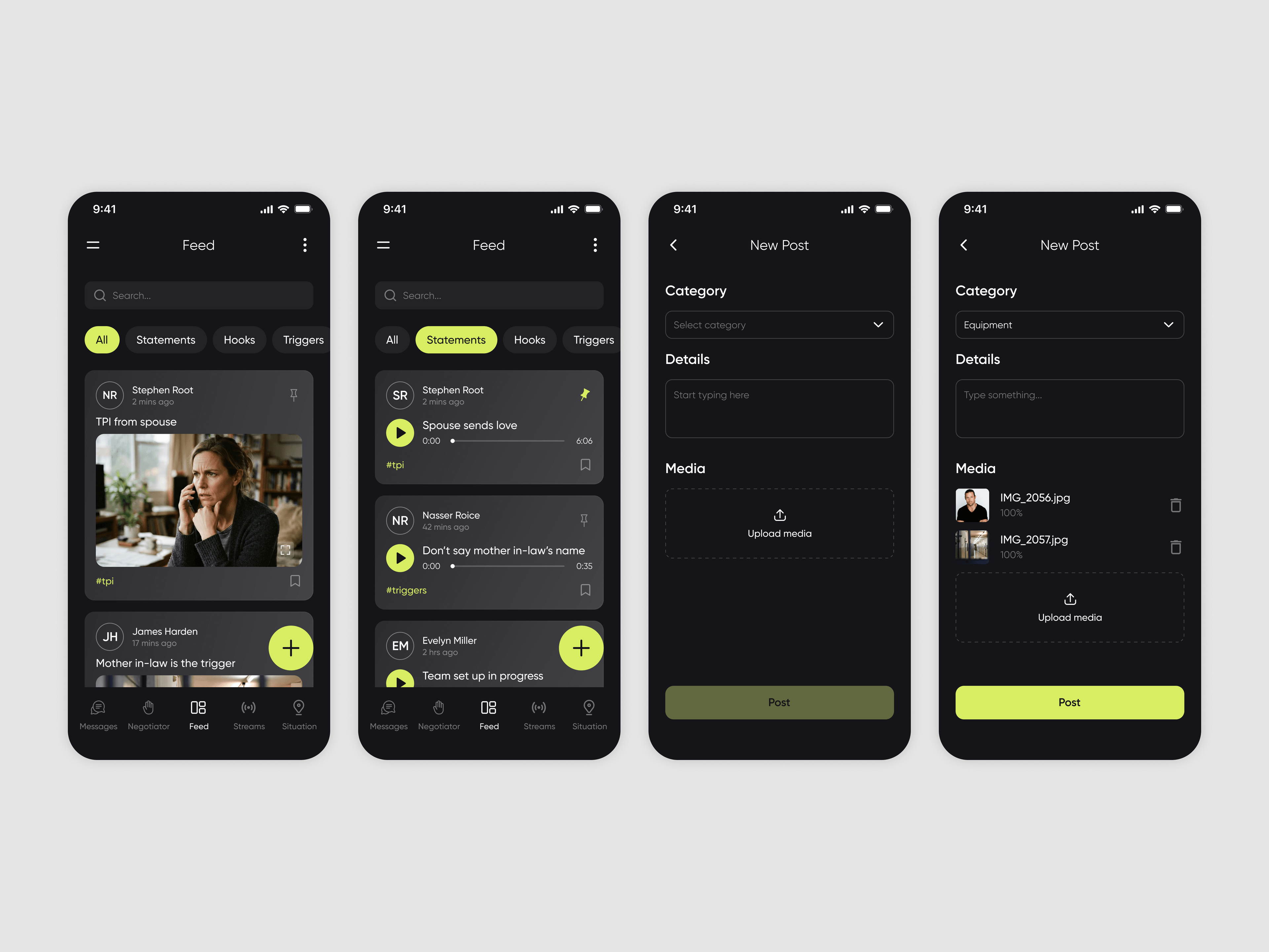Feed — incident updates, filtered statements and posting with media