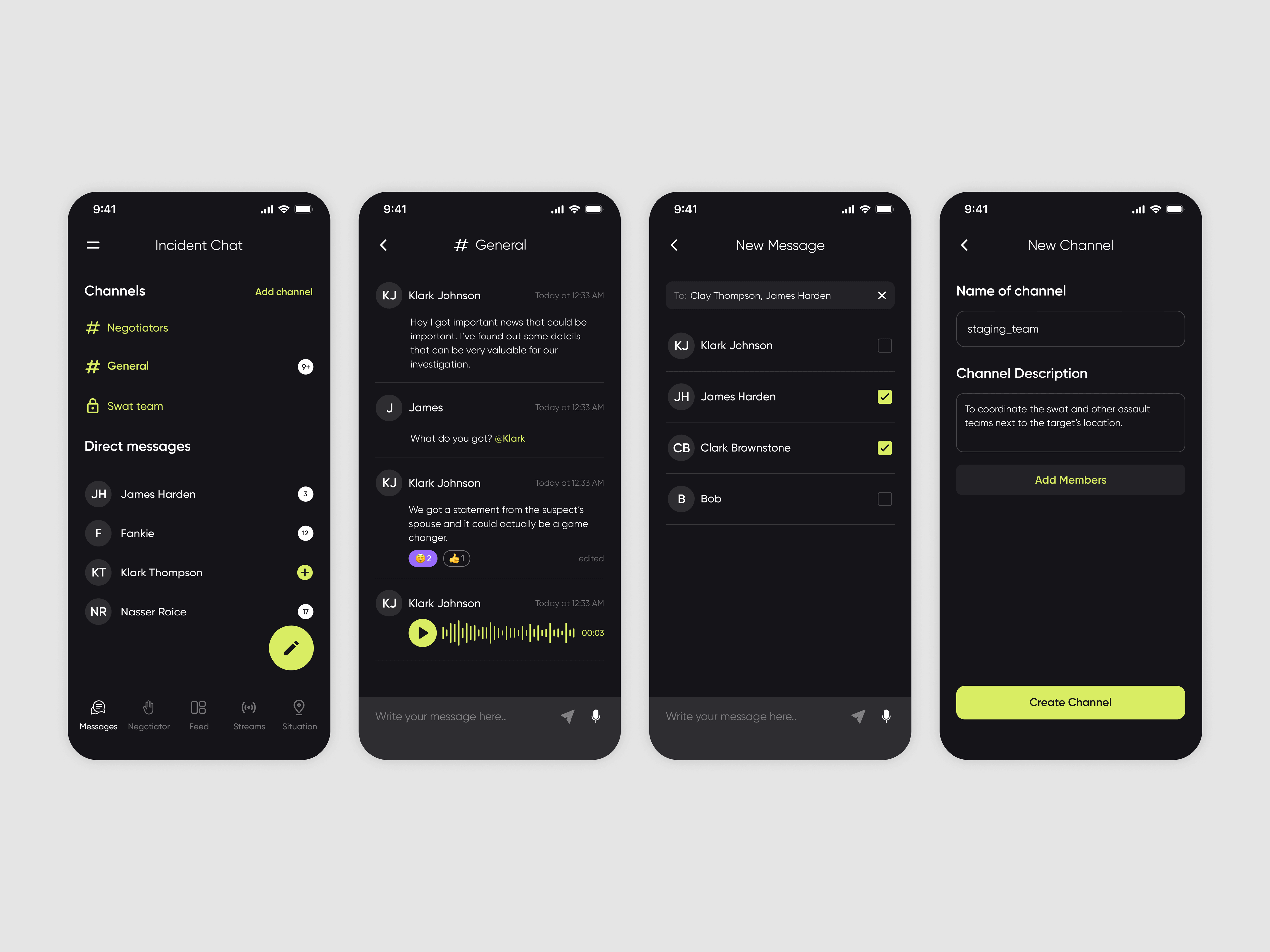 Comms — incident channels, a team conversation, new messages and new channels