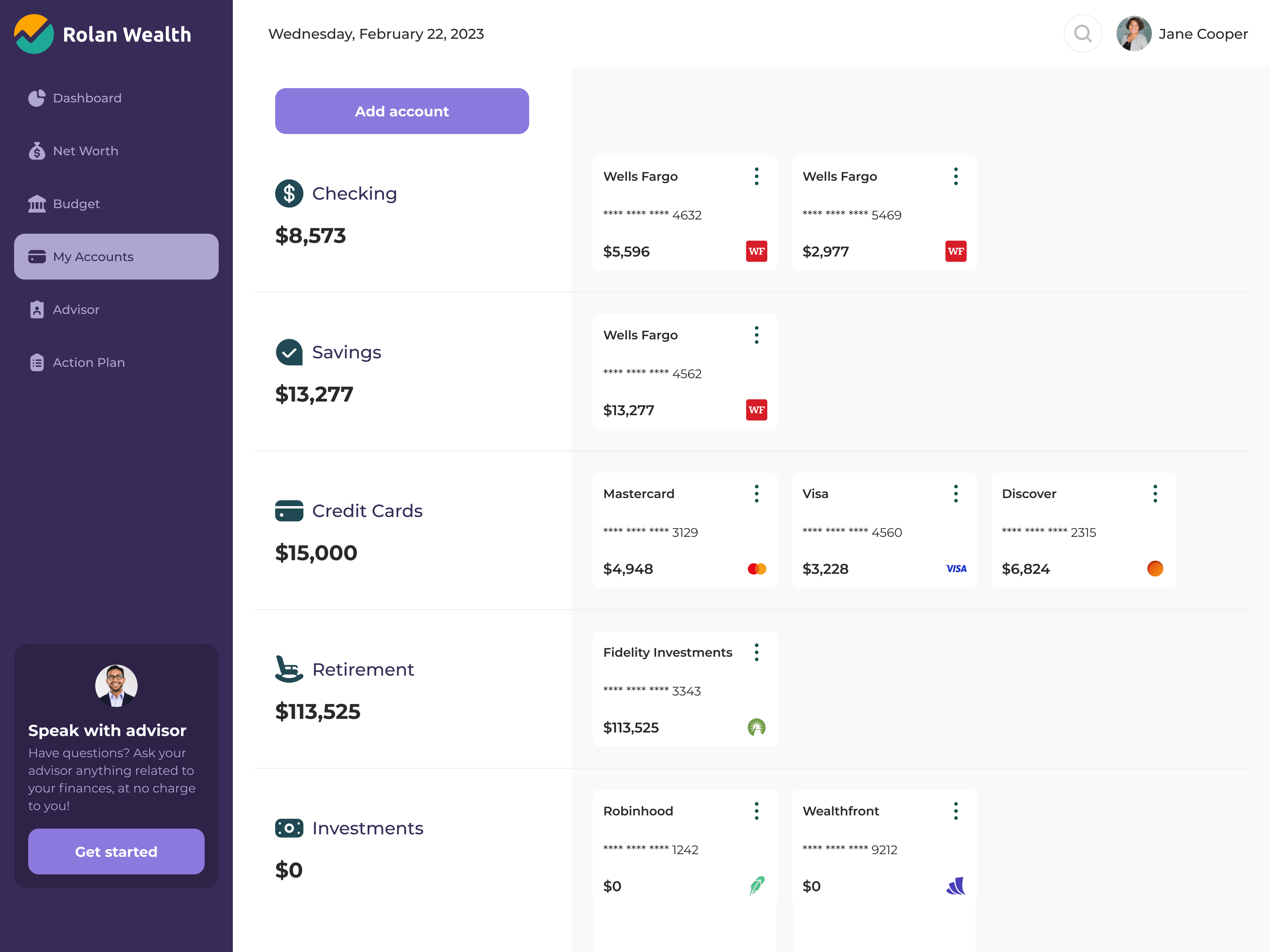 My accounts — checking, savings, credit cards, retirement and investments