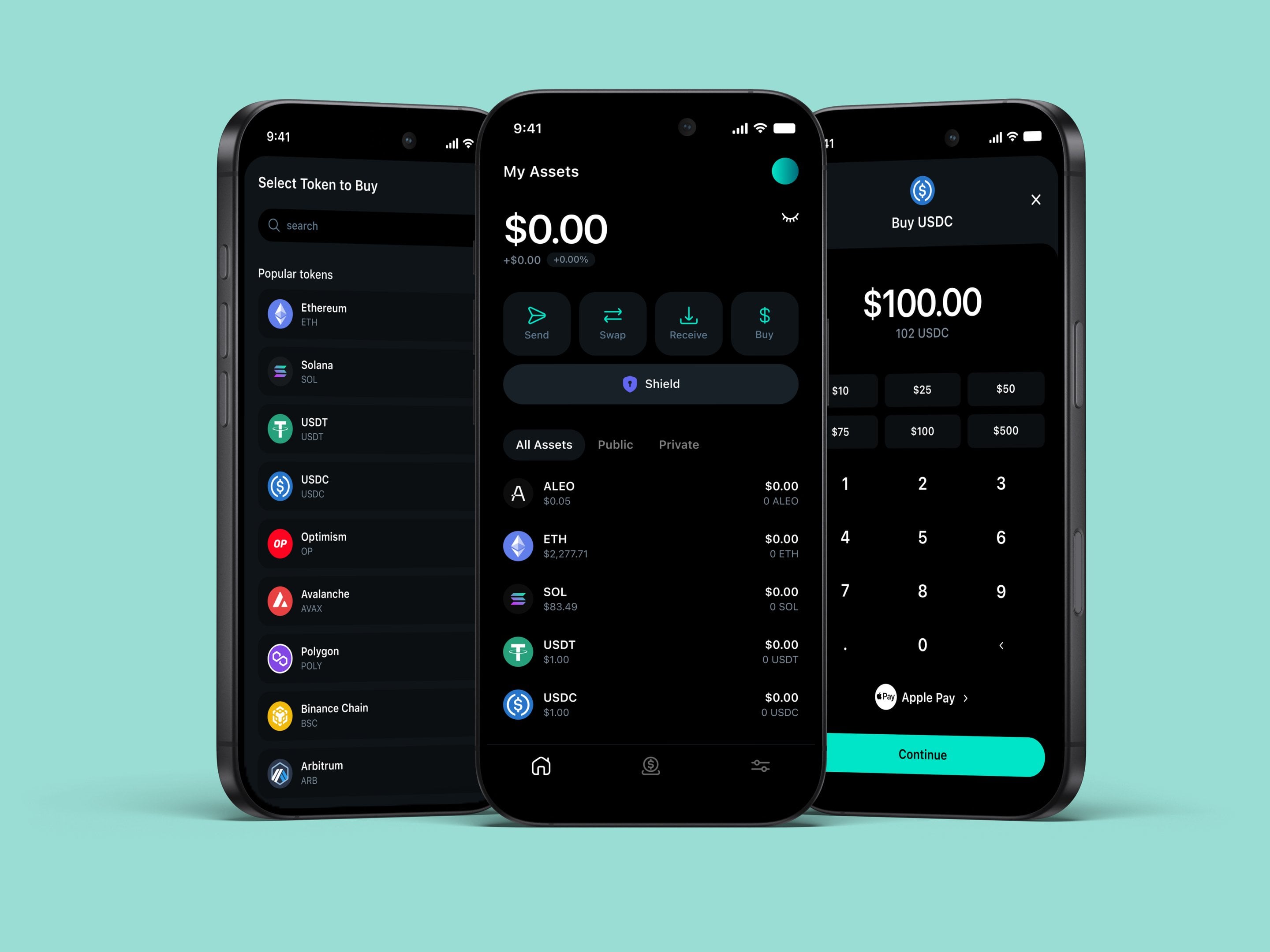 Shield App mobile screens — token list, assets and buying USDC