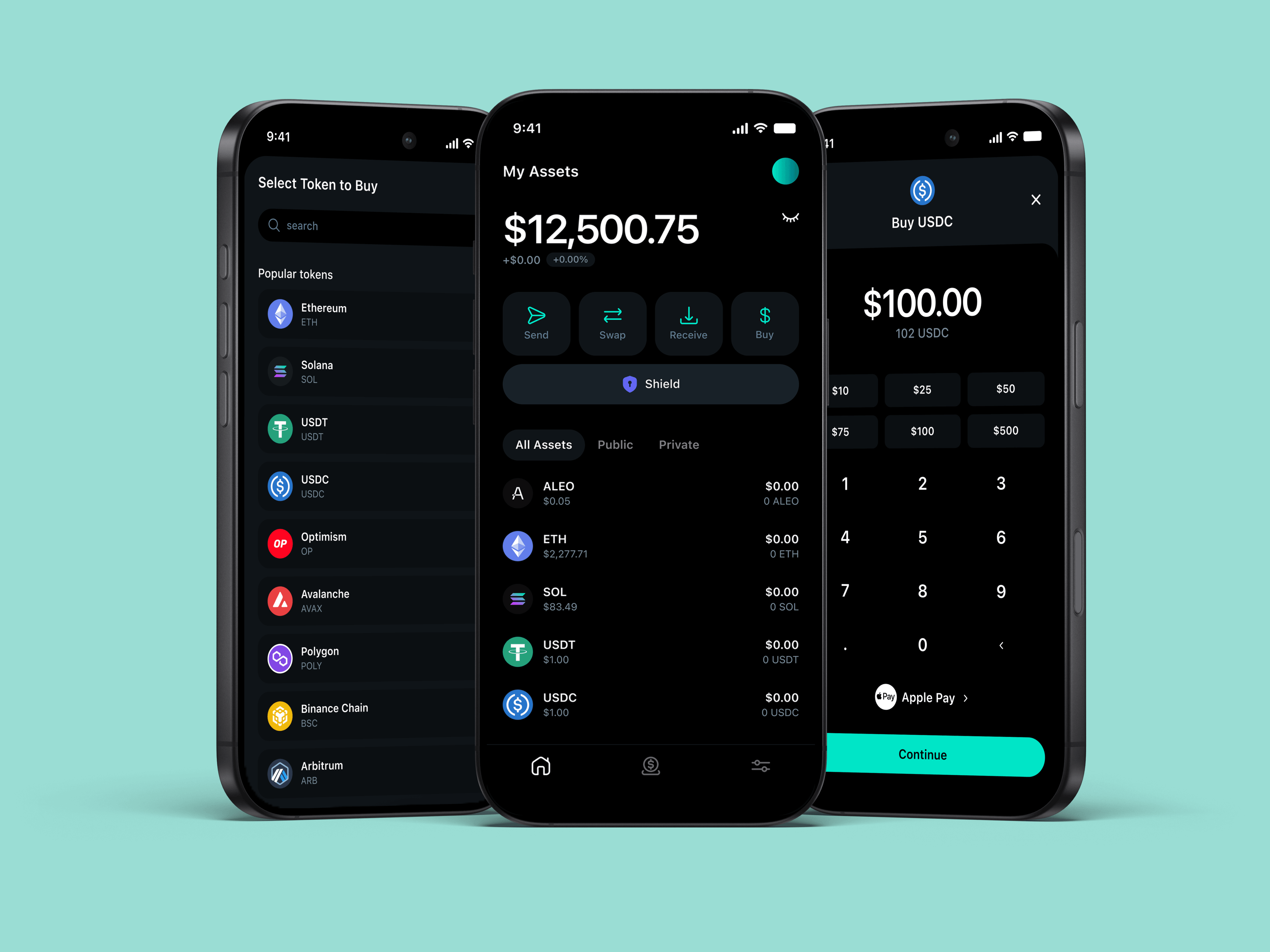 Shield on iPhone — selecting a token, my assets and buying USDC