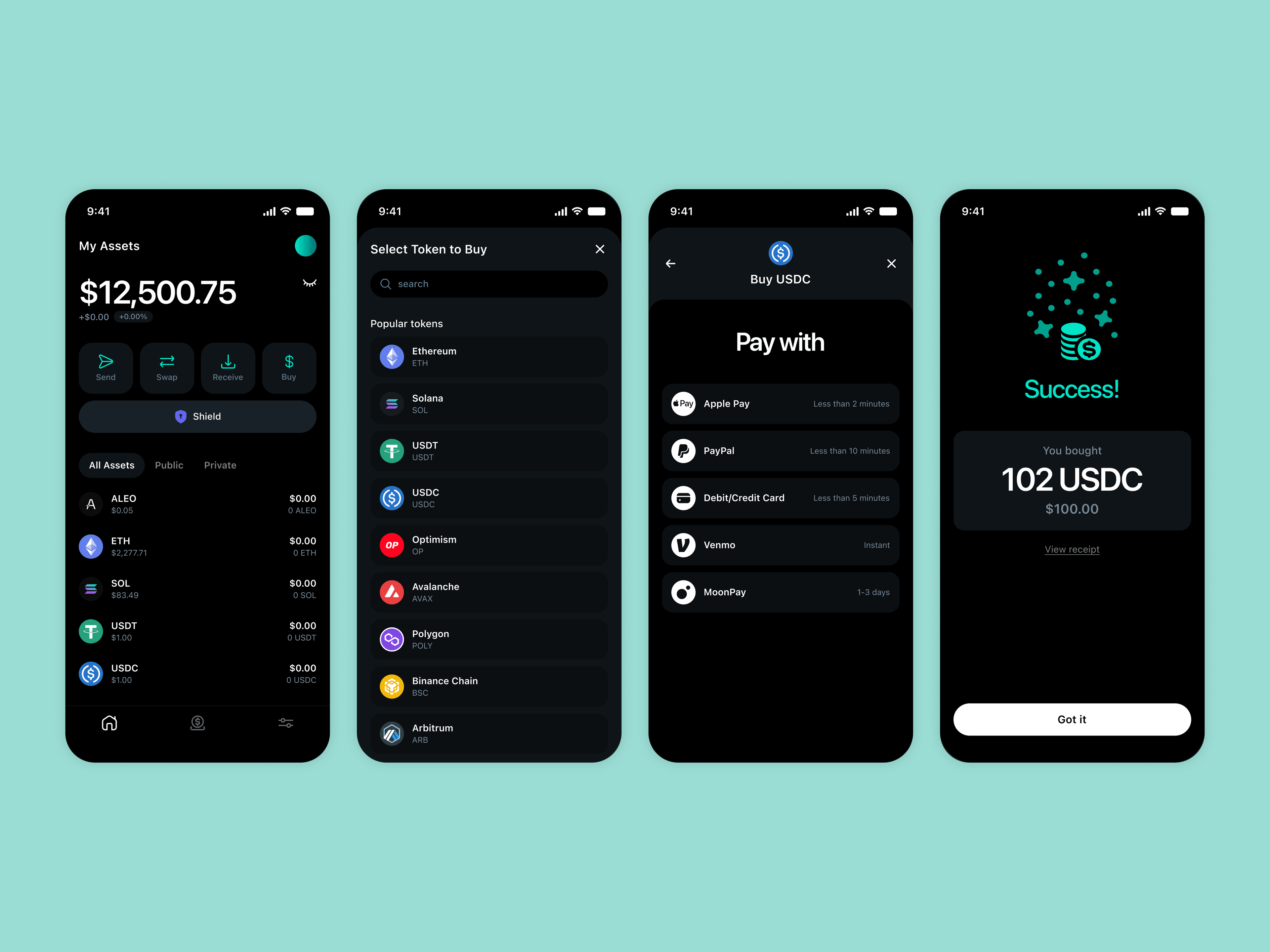 The consumer wallet — home, buying a token, choosing a payment method and success