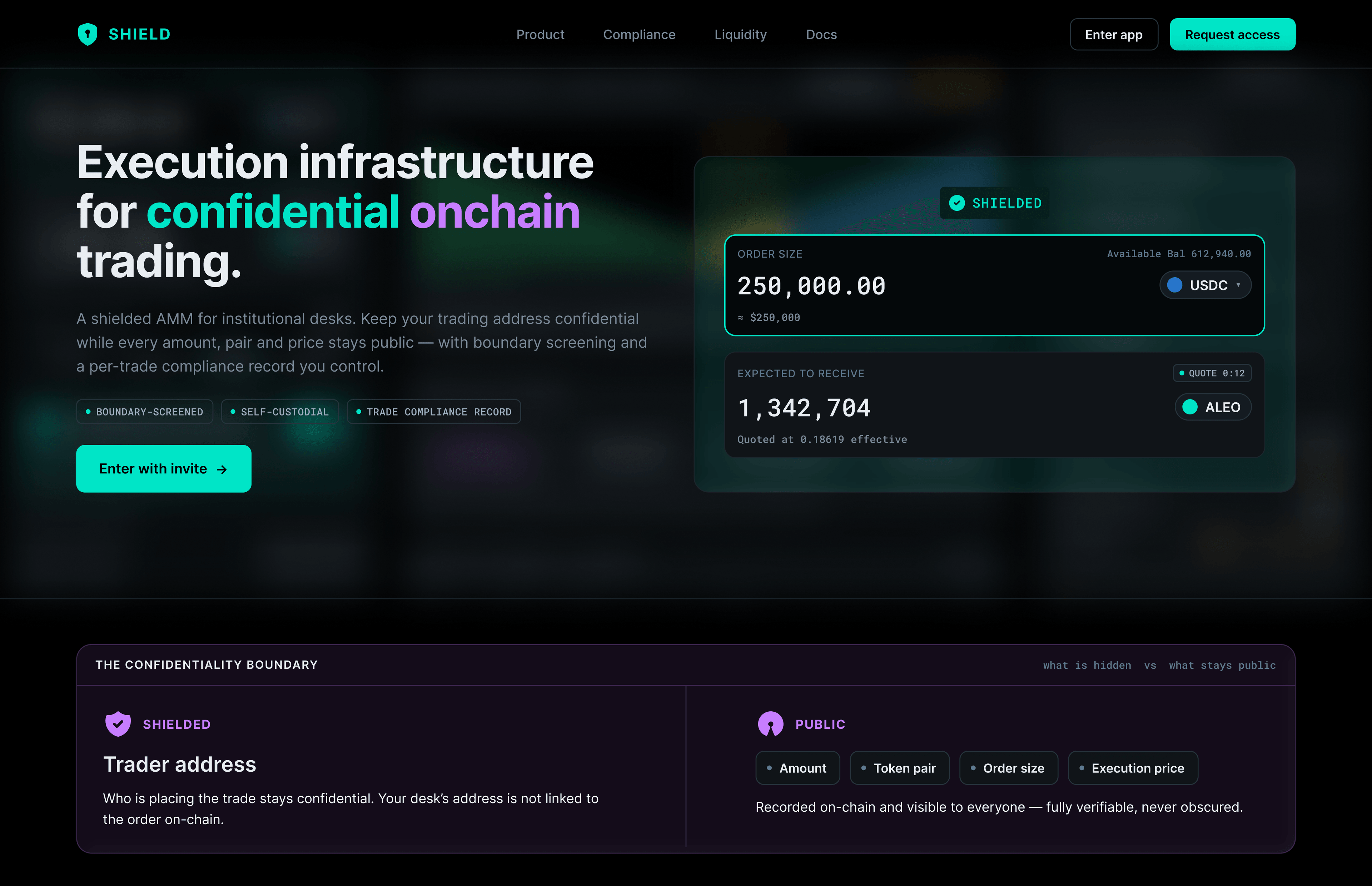 The institutional landing page — execution infrastructure for confidential onchain trading