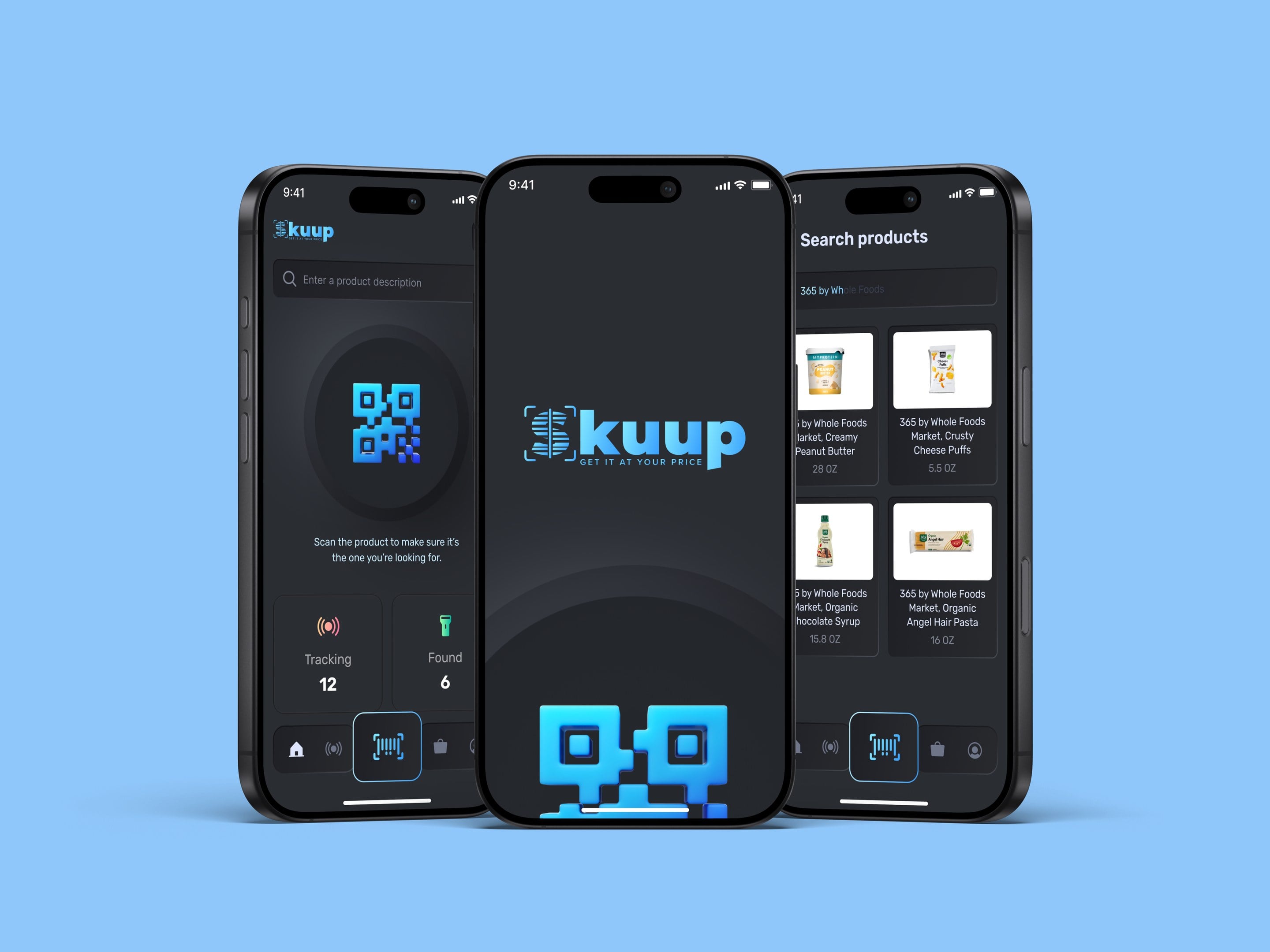 Skuup mobile app screens — scanning a product, the splash screen and product search