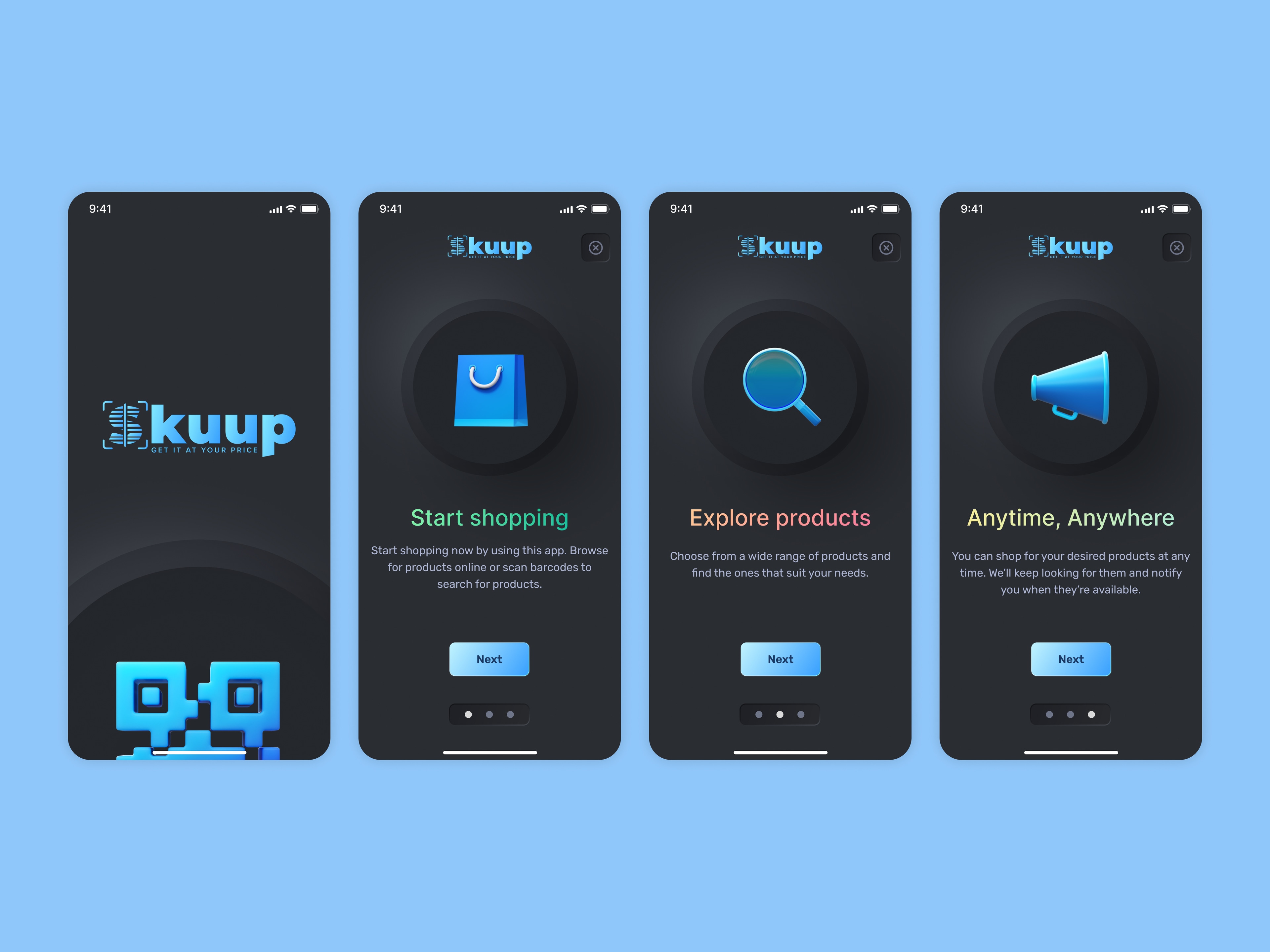 Splash and onboarding — start shopping, explore products, anytime anywhere