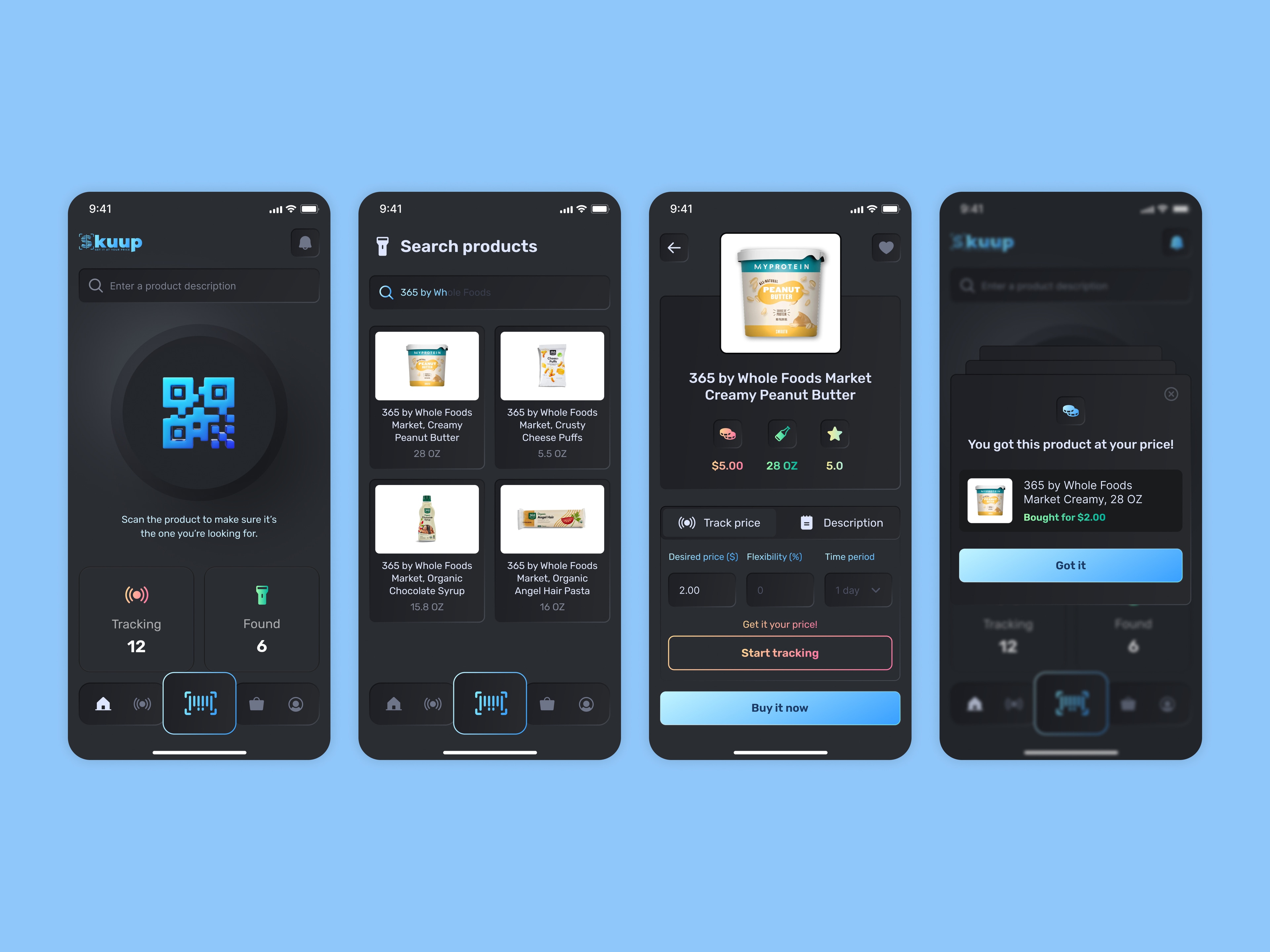 Scanning, searching products, tracking a price and a purchase alert