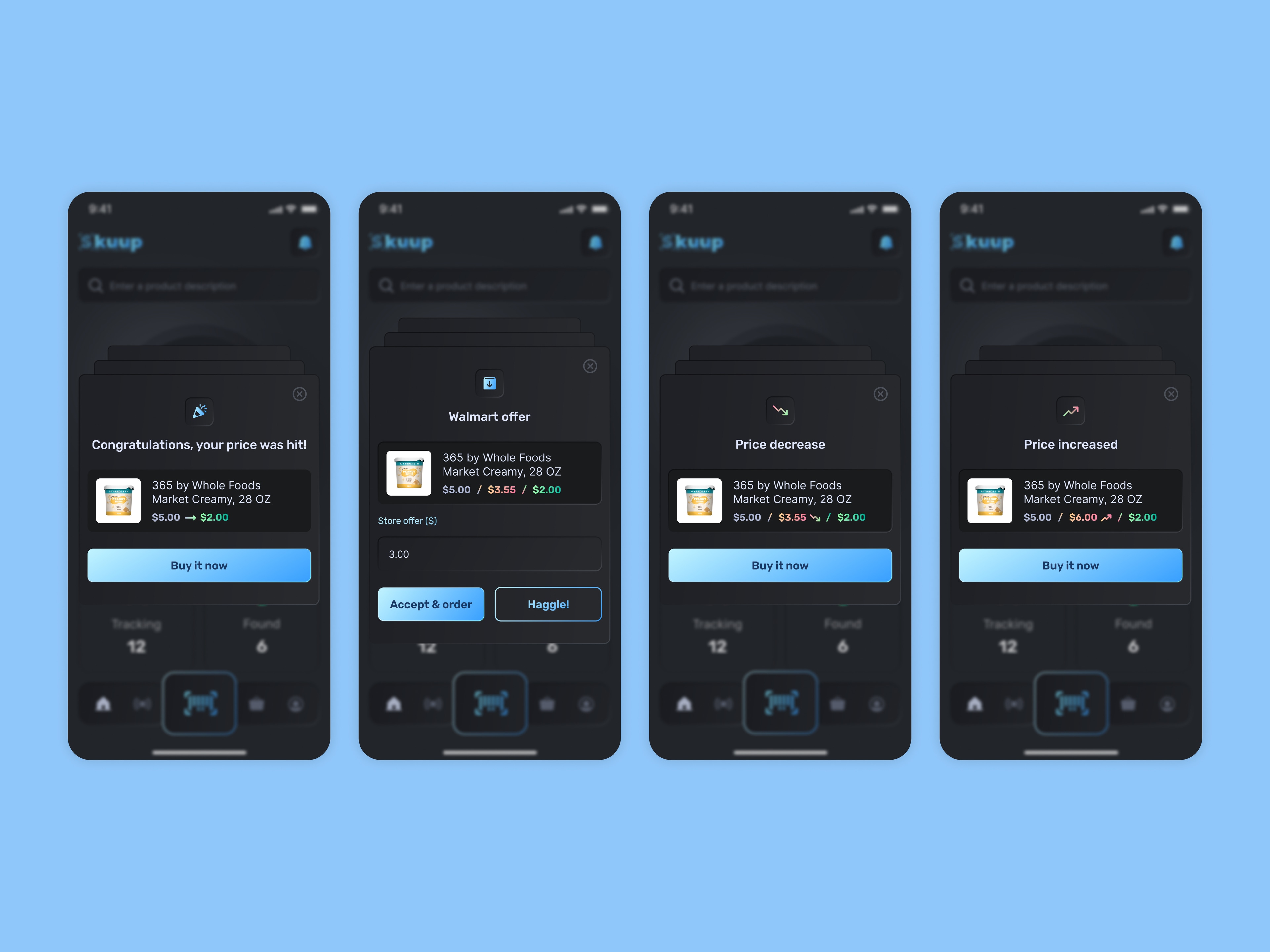 Price alerts — a match, a store counter-offer, a price drop and a price increase