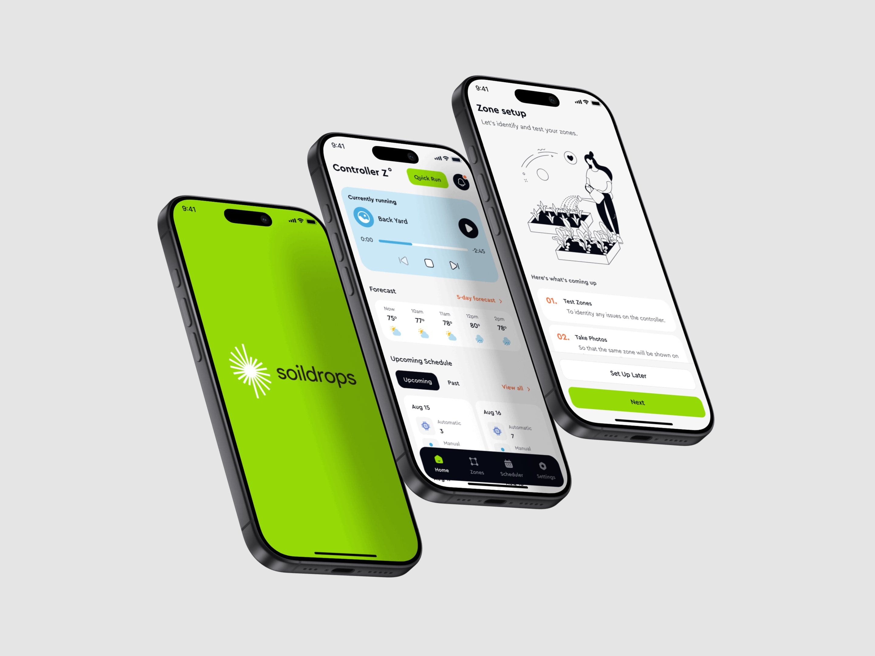 SoilDrops mobile app screens — splash, controller and zone setup