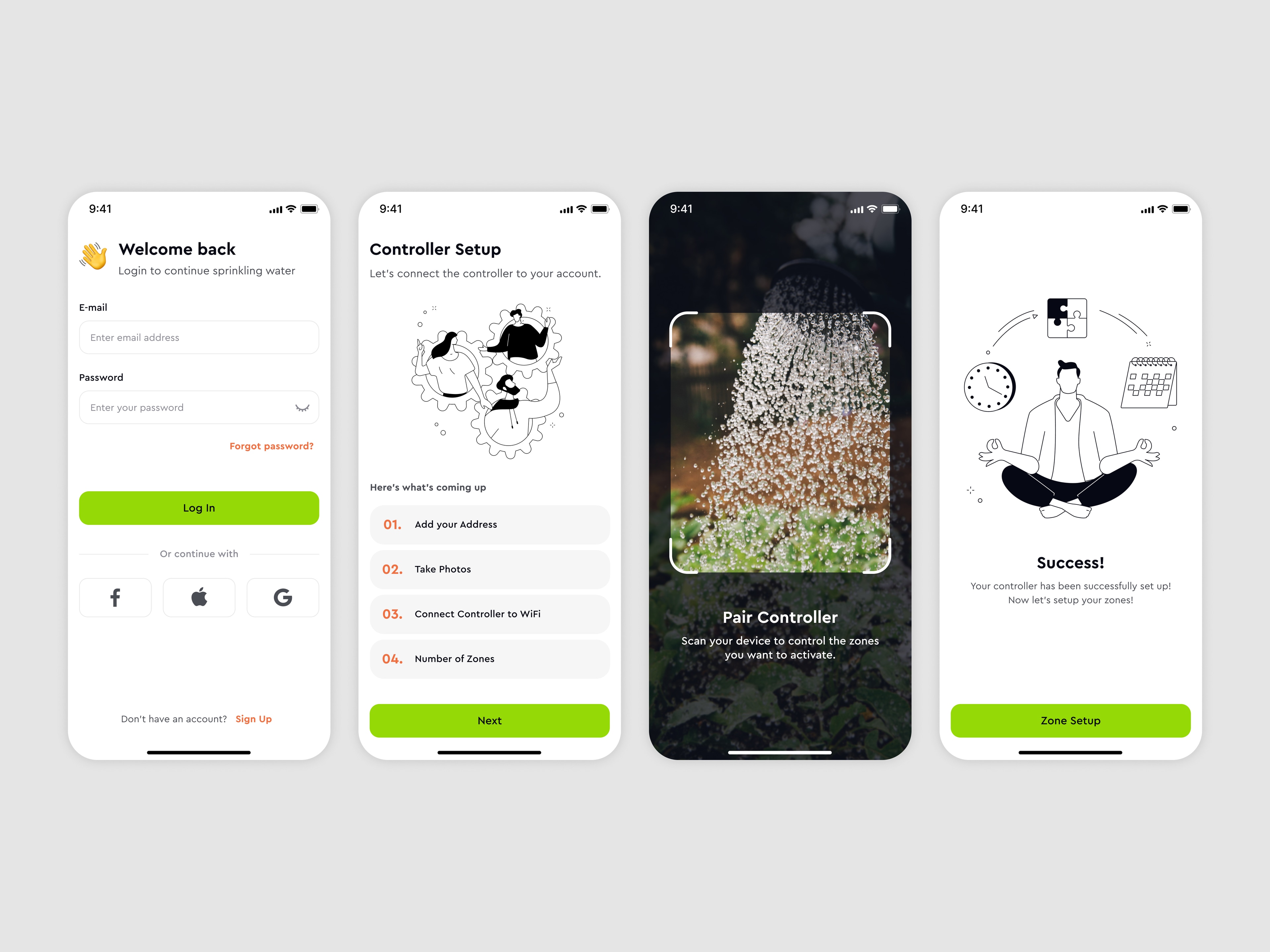 Onboarding — sign in, connect the controller, scan to pair it, and success