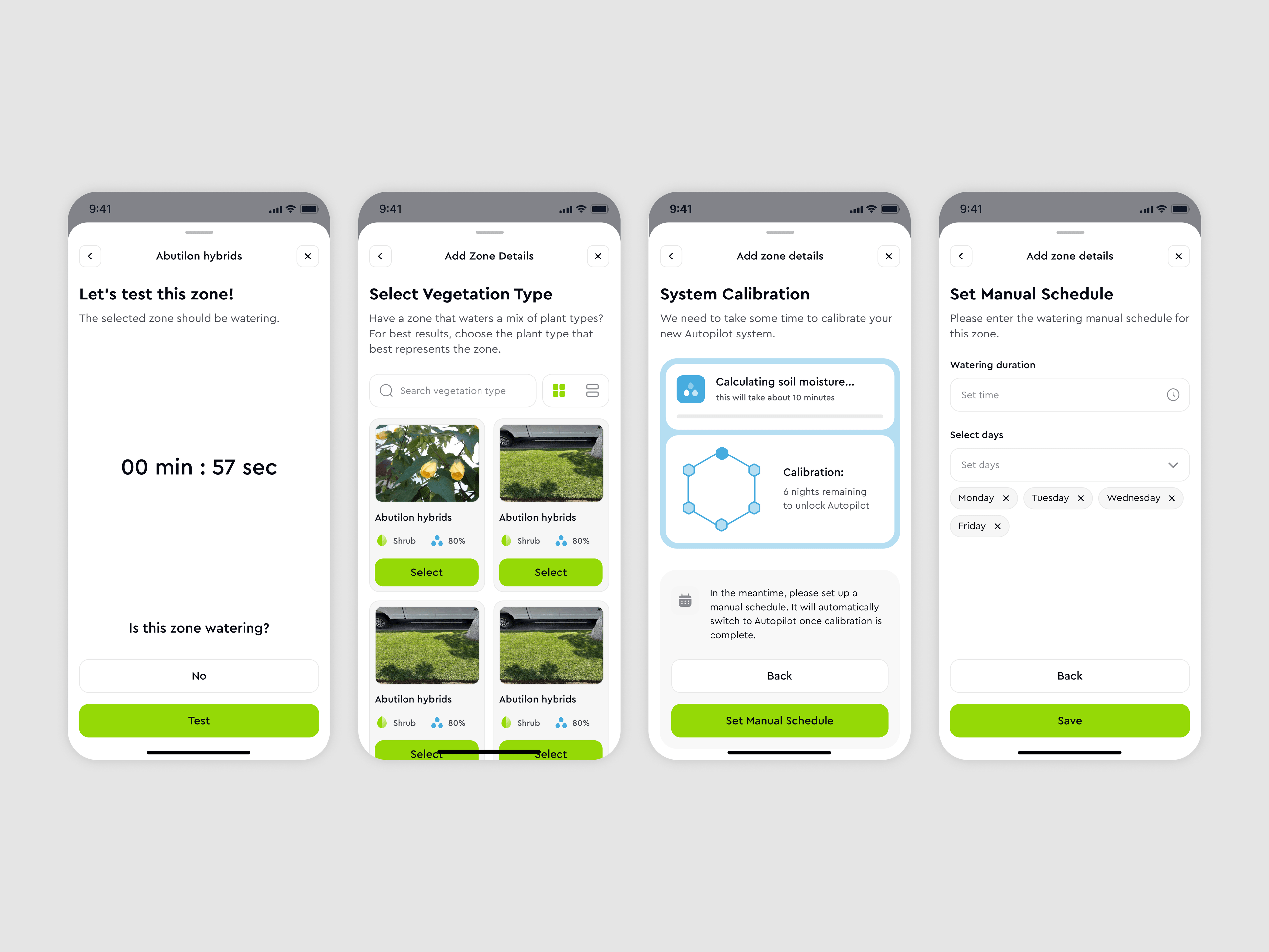 Zone setup — test a zone, pick its vegetation, calibrate soil moisture and set a manual schedule