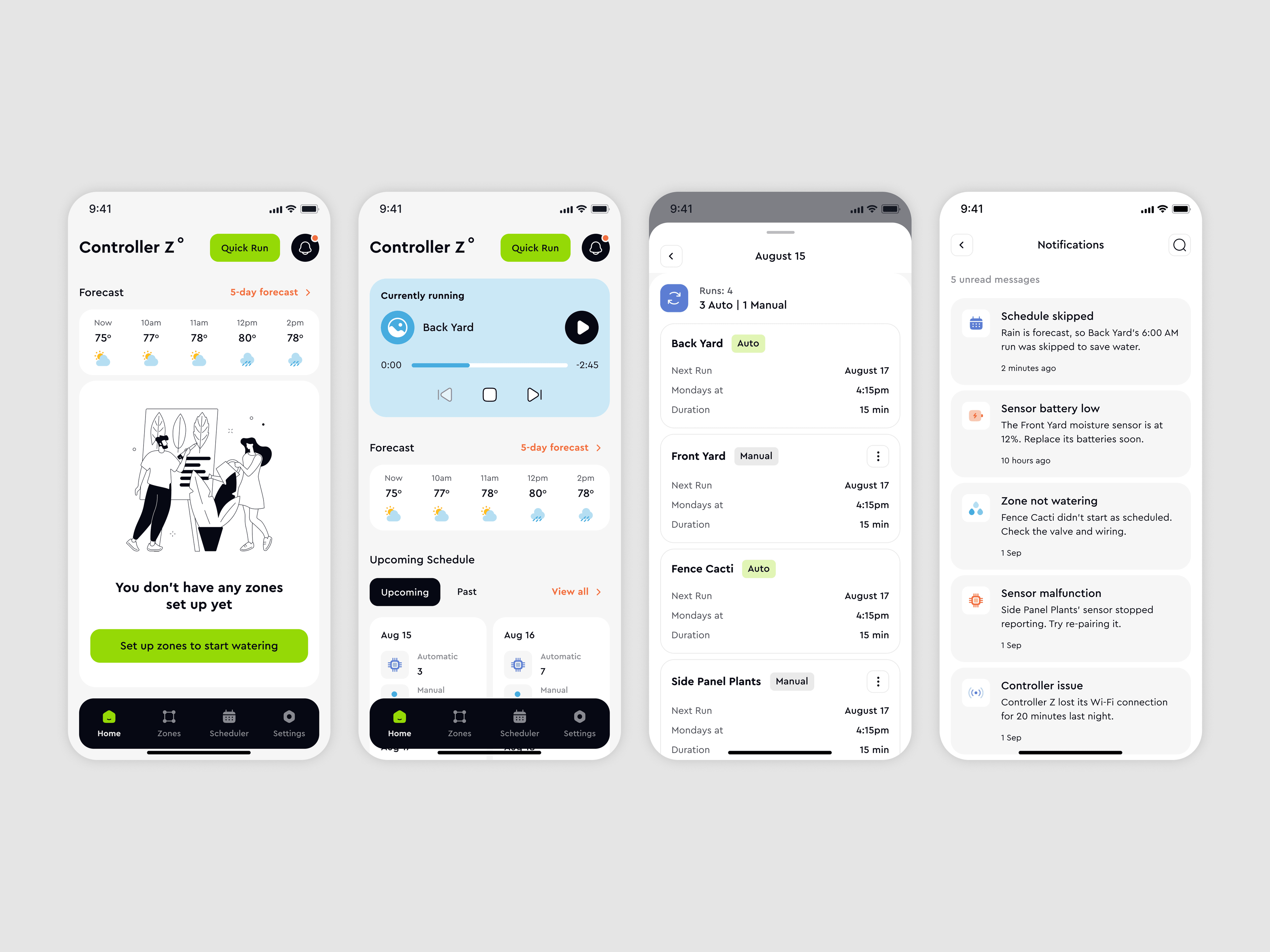 Home — before any zones are set up, a zone running with the forecast and upcoming schedule, the day's runs and notifications