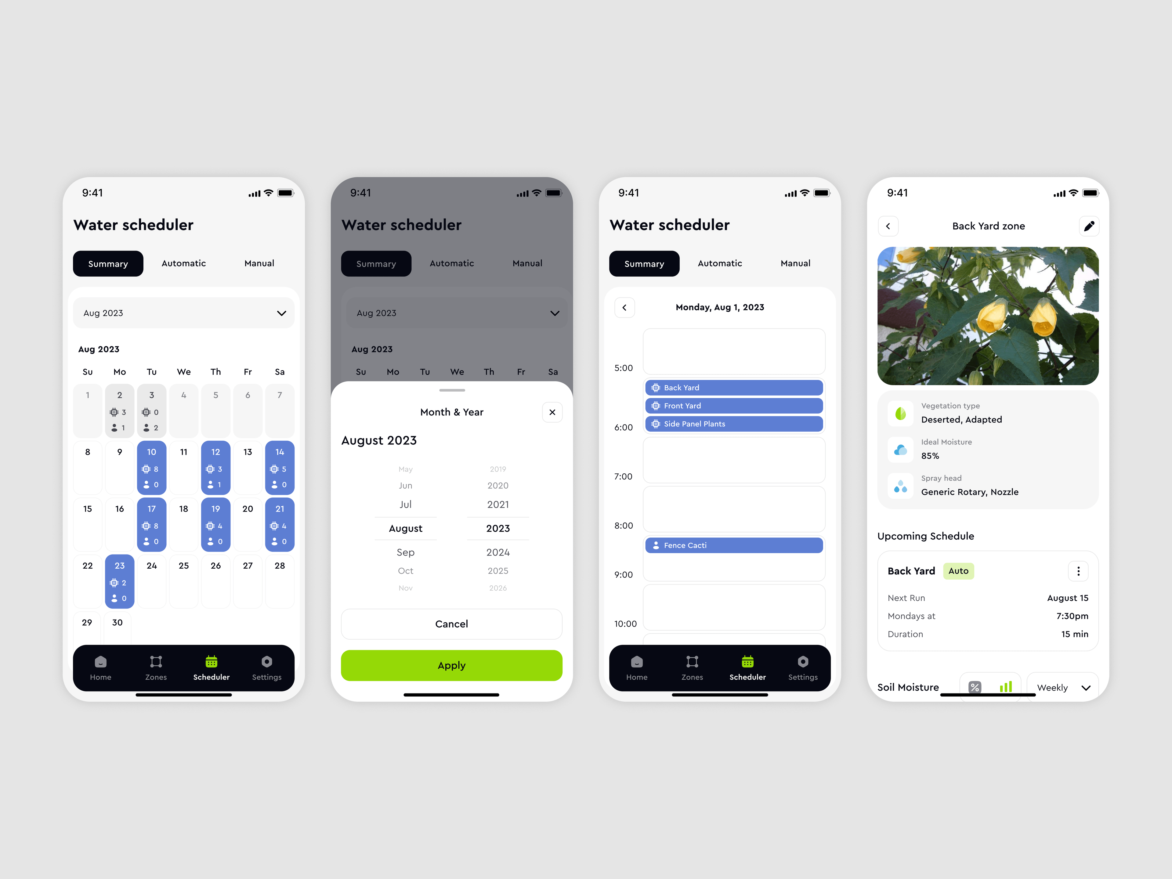 The water scheduler — the monthly calendar, picking a month, the day timeline and a zone's upcoming schedule