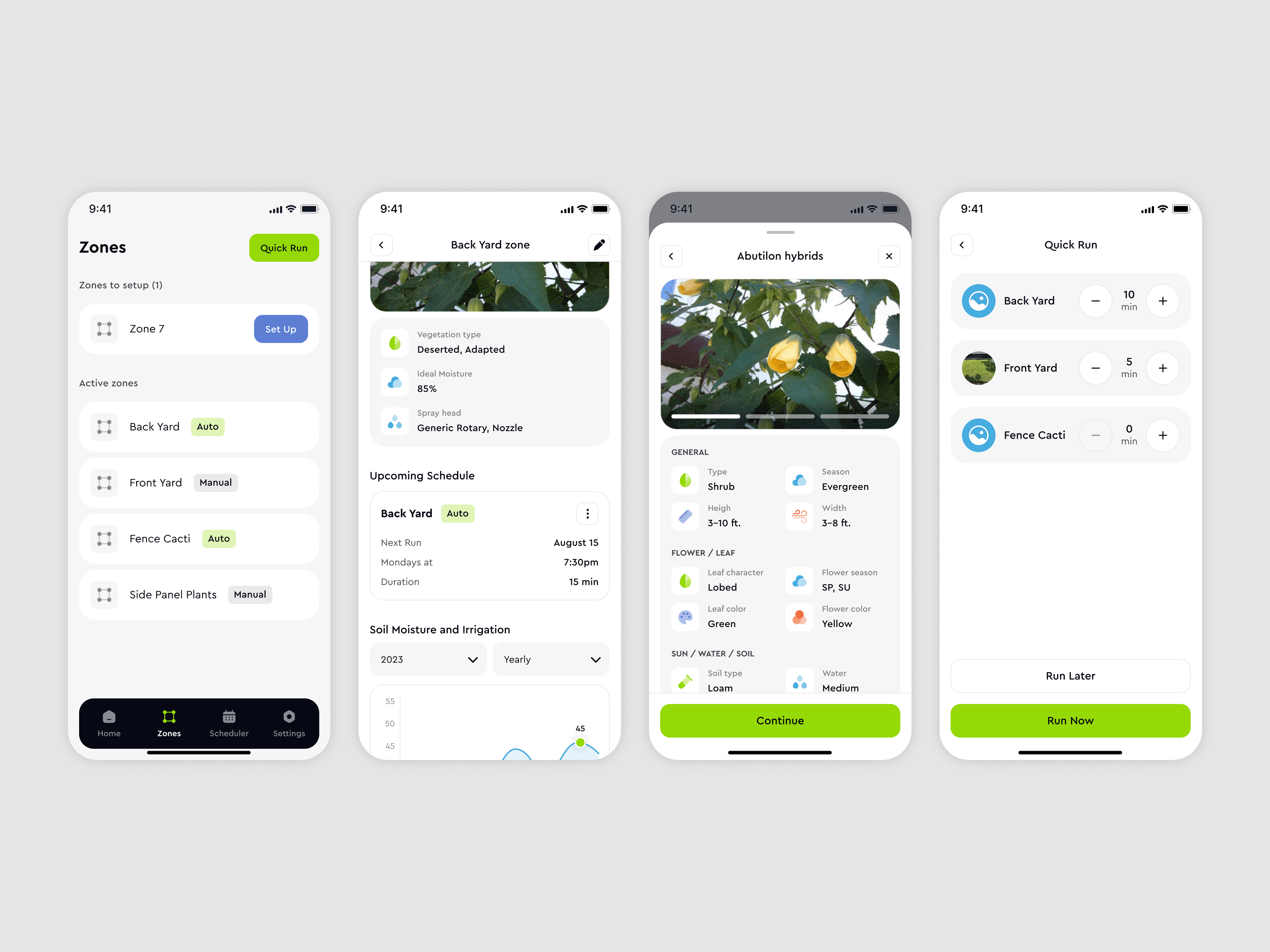 Zones — the zones list, a zone's moisture and irrigation history, plant details and a quick run