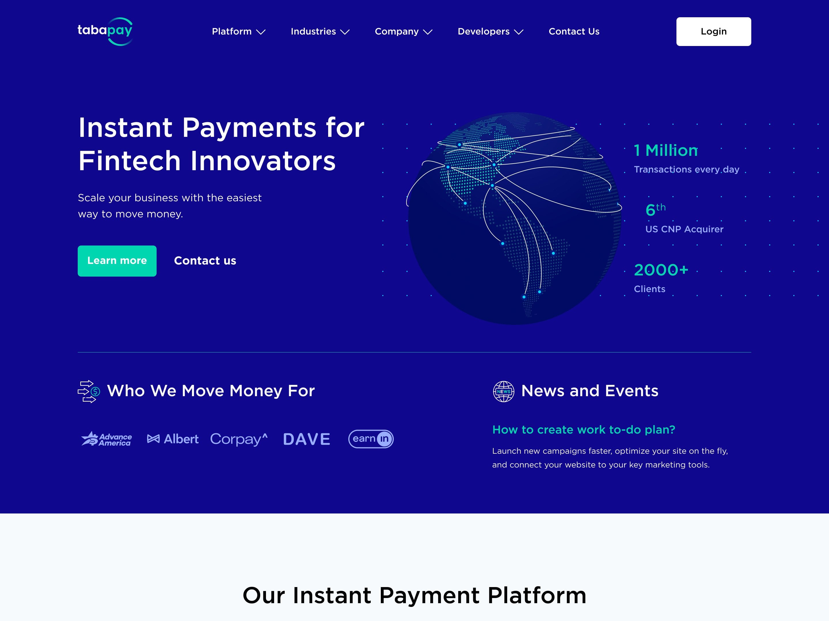 TabaPay homepage — instant payments for fintech innovators