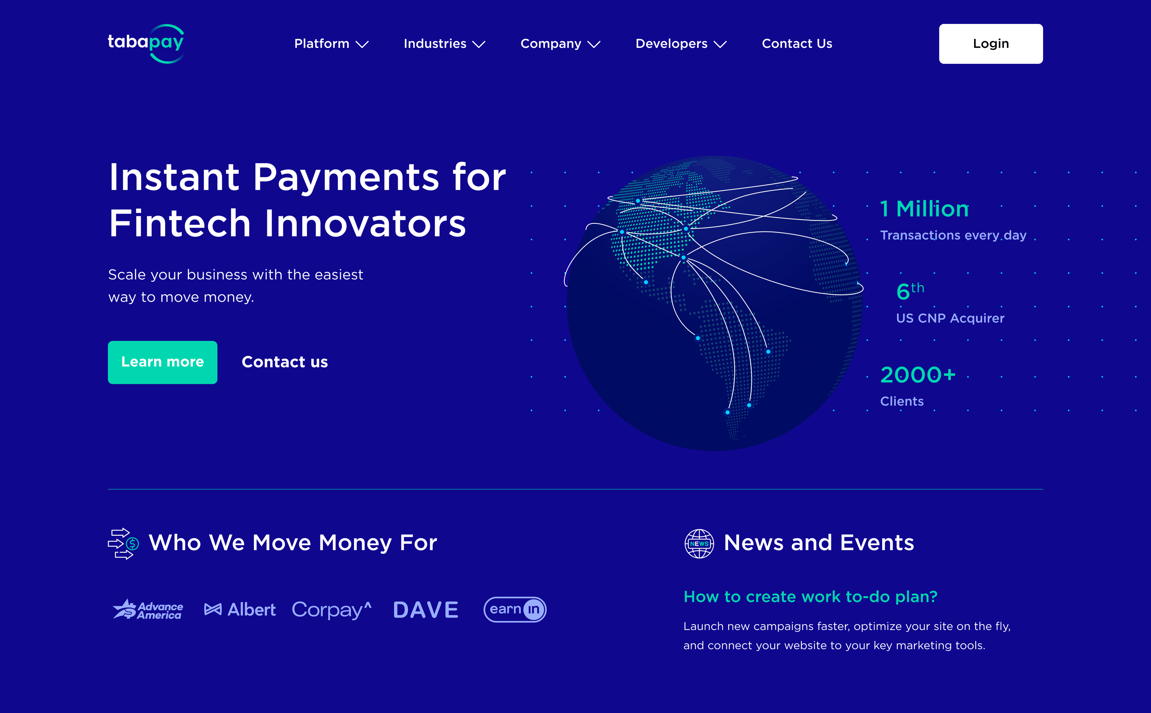 TabaPay homepage — instant payments for fintech innovators