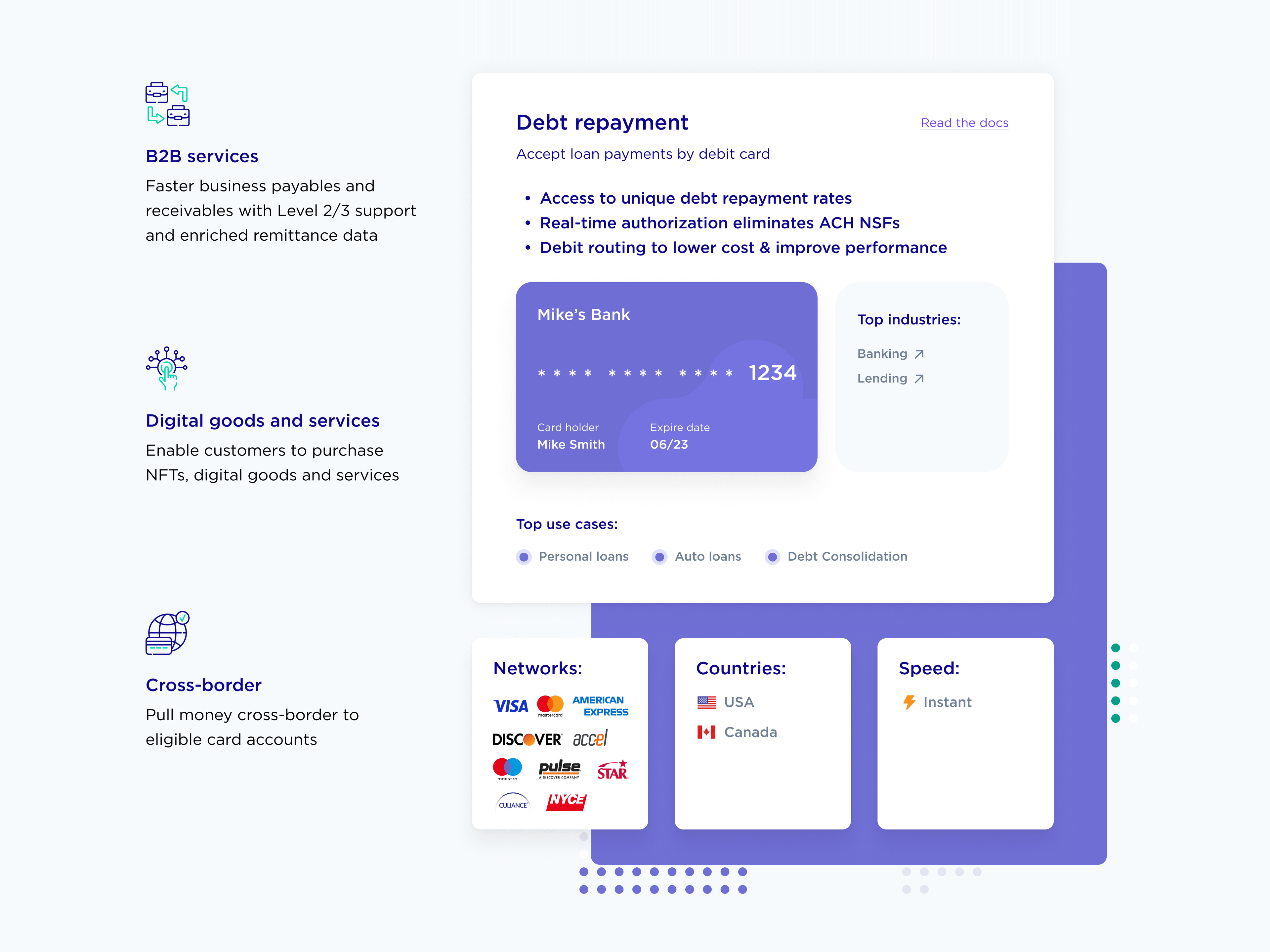 Pay by card — debt repayment detail with networks, countries and speed
