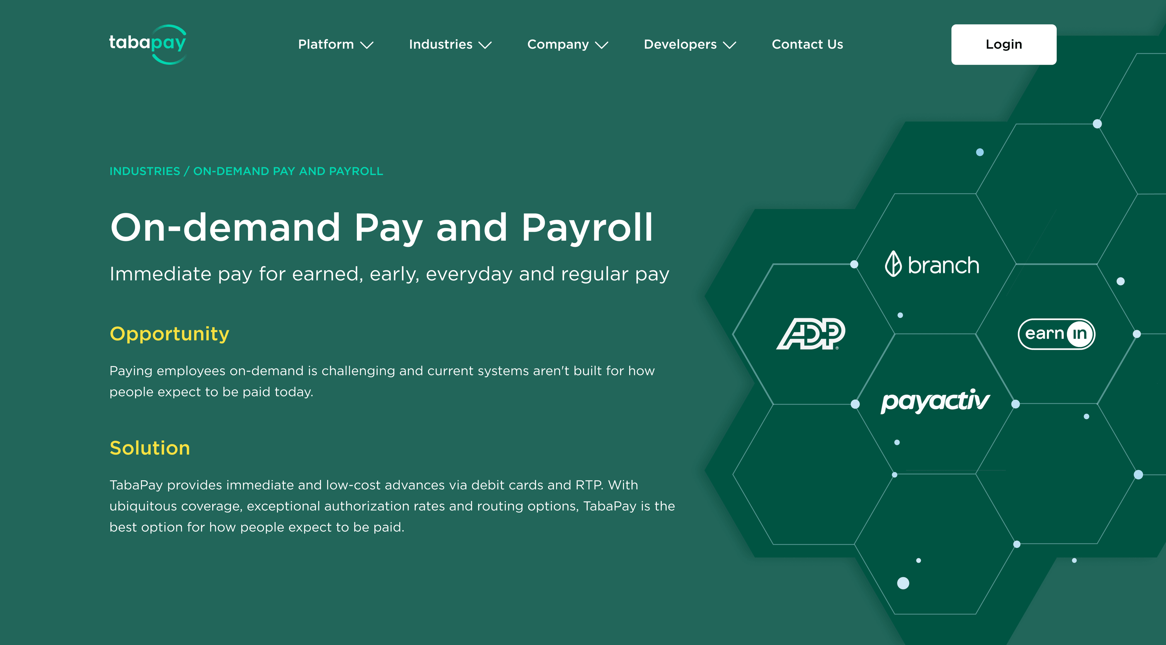 Industries page — on-demand pay and payroll