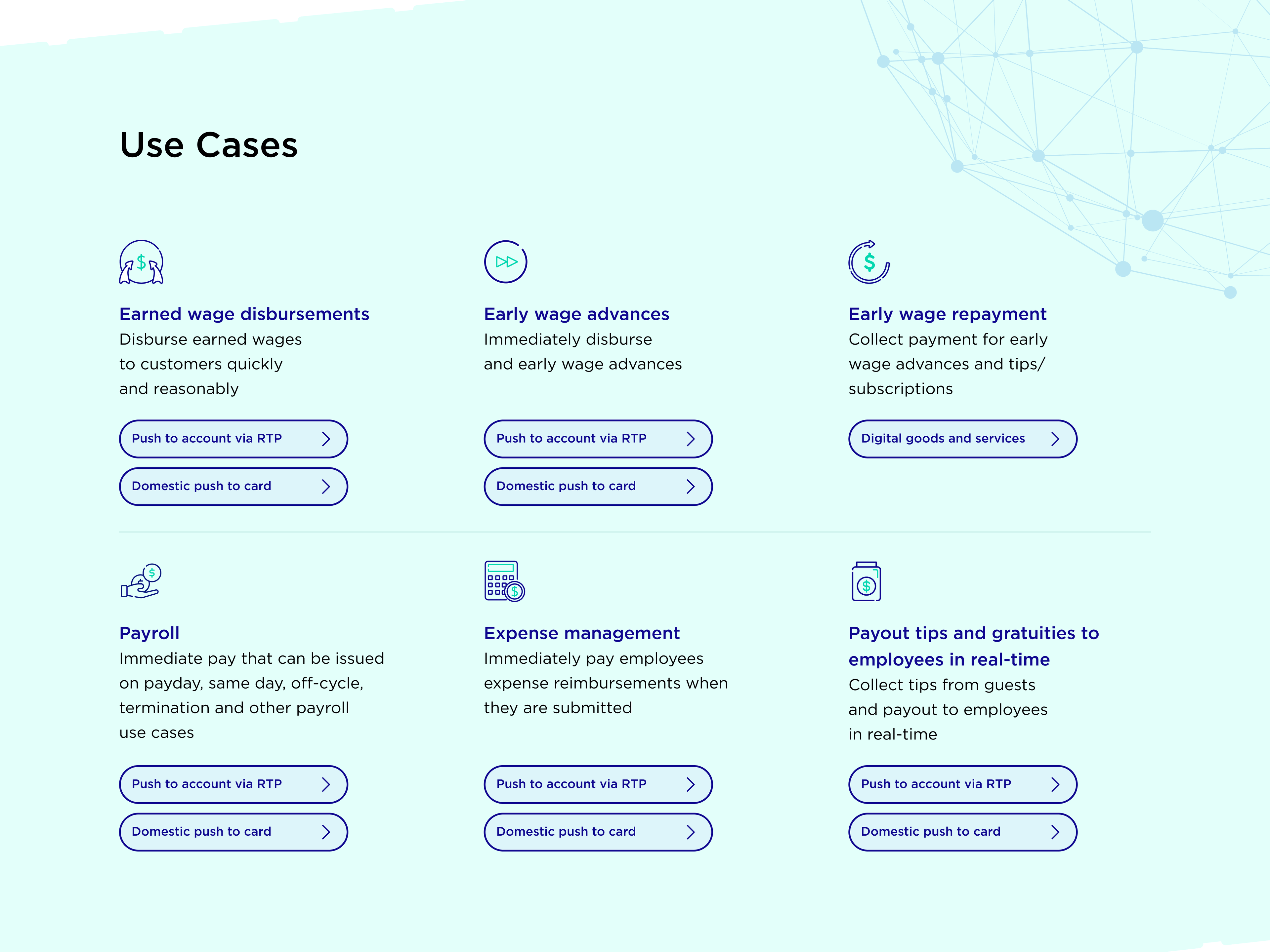 On-demand pay use cases — wage disbursements, advances, payroll, expenses and tips