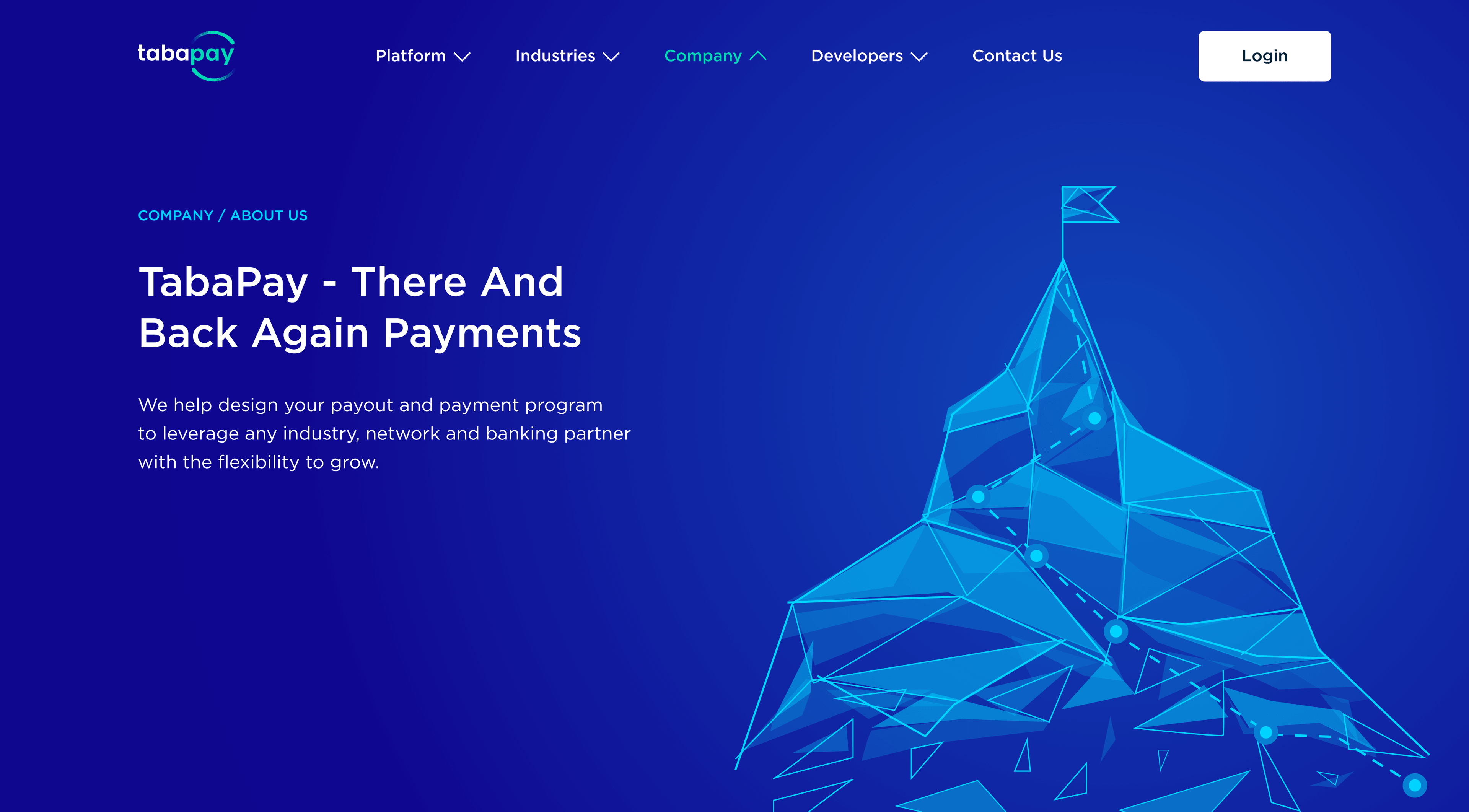 About page hero — There and Back Again Payments, with a faceted mountain