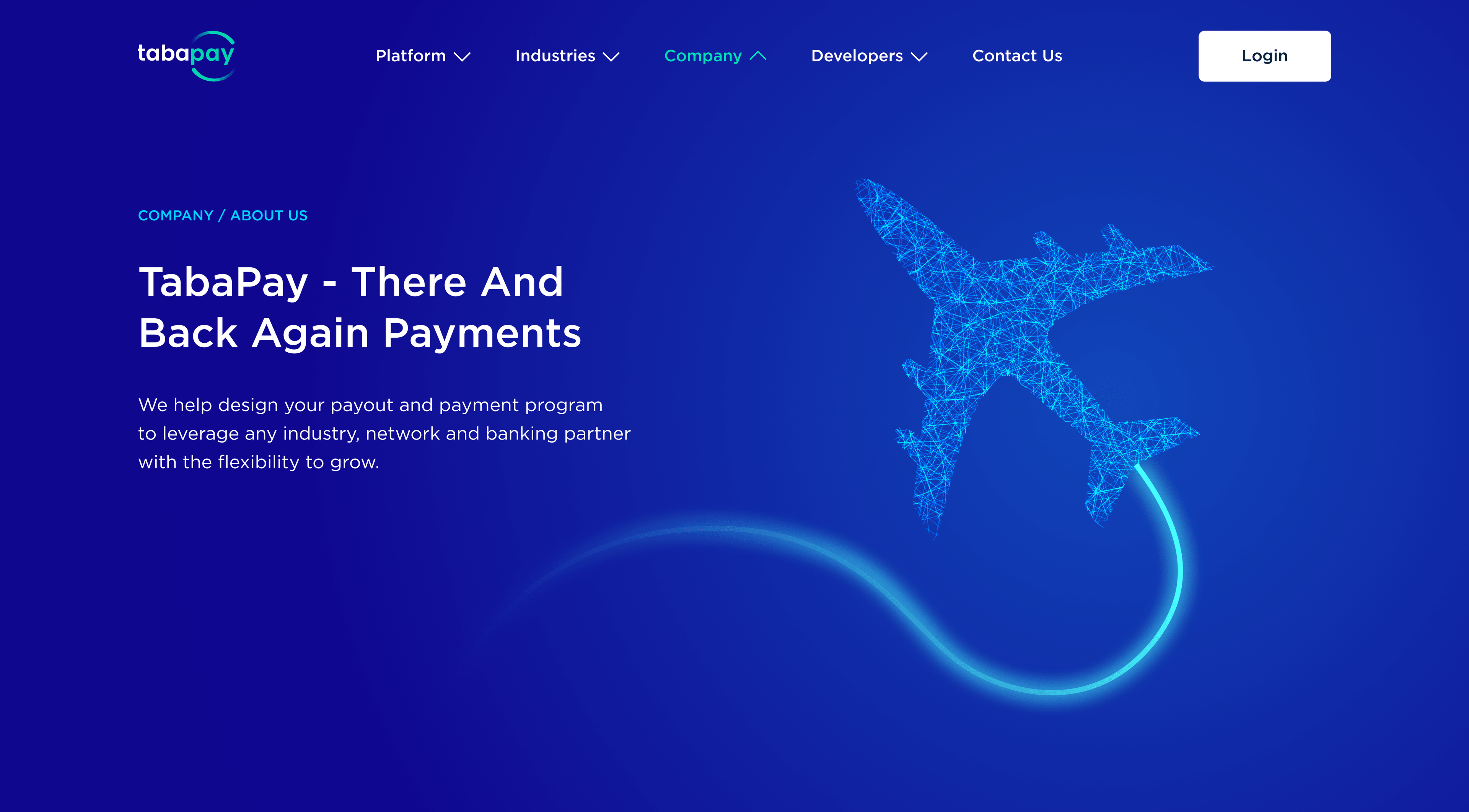 About page hero — There and Back Again Payments, with a plane tracing a return path